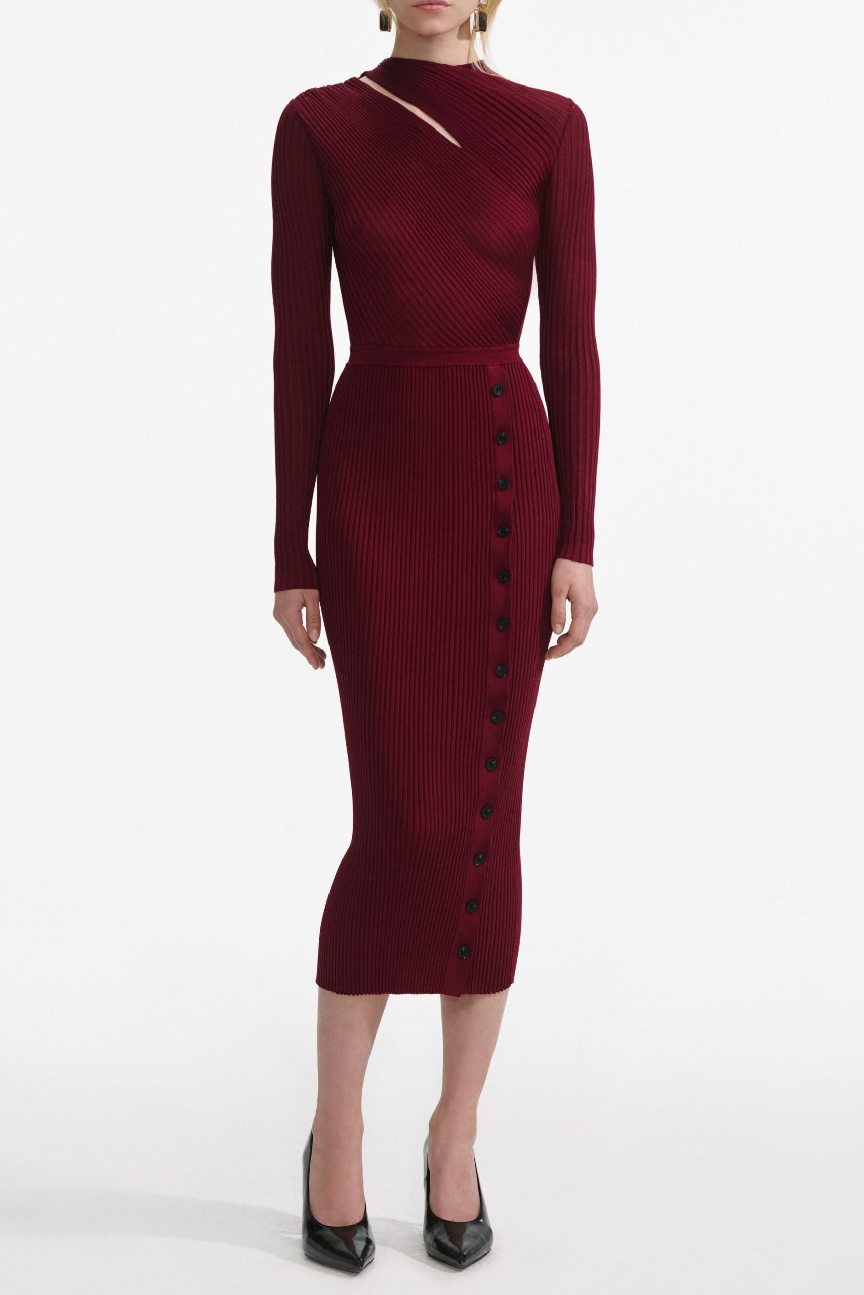 PF25-080M-BU-1 TIFFANY BURGUNDY CUT OUT RIB MIDI DRESS