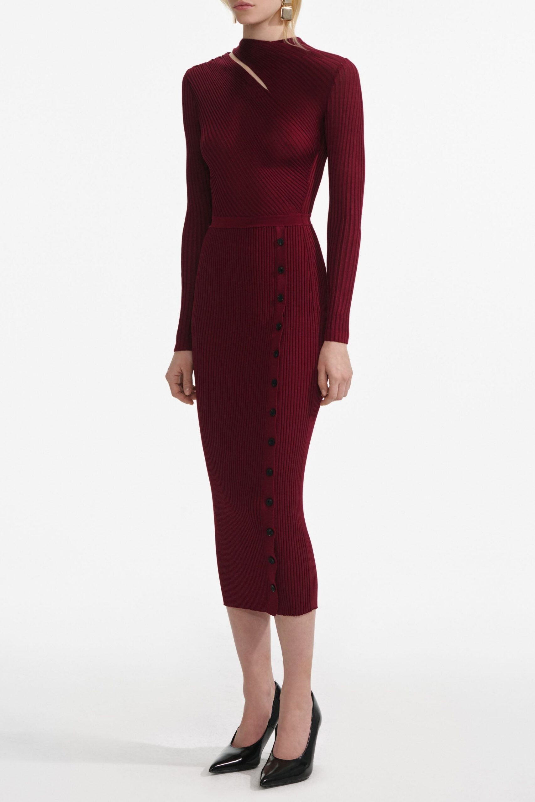 TIFFANY BURGUNDY CUT OUT RIB MIDI DRESS