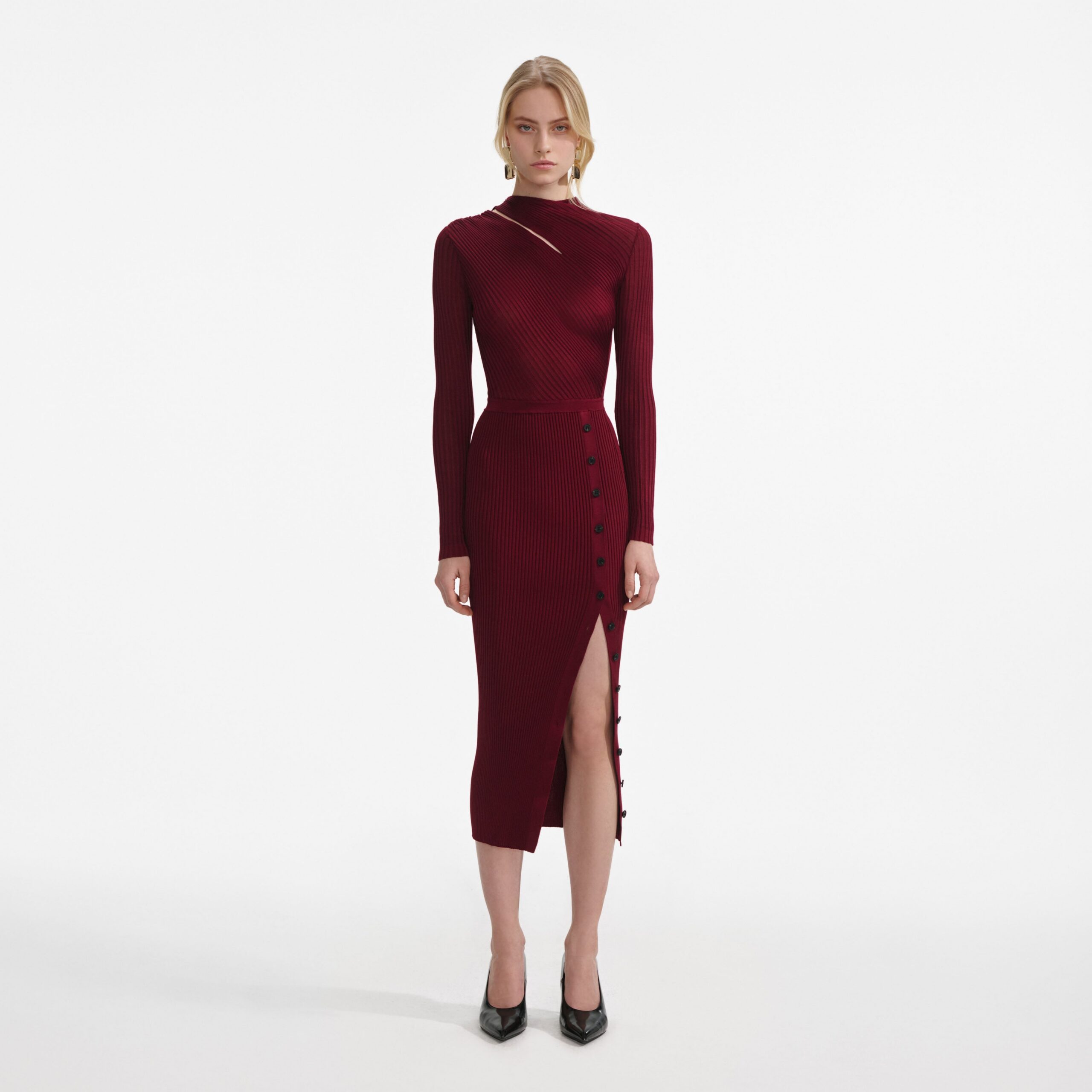 TIFFANY BURGUNDY CUT OUT RIB MIDI DRESS