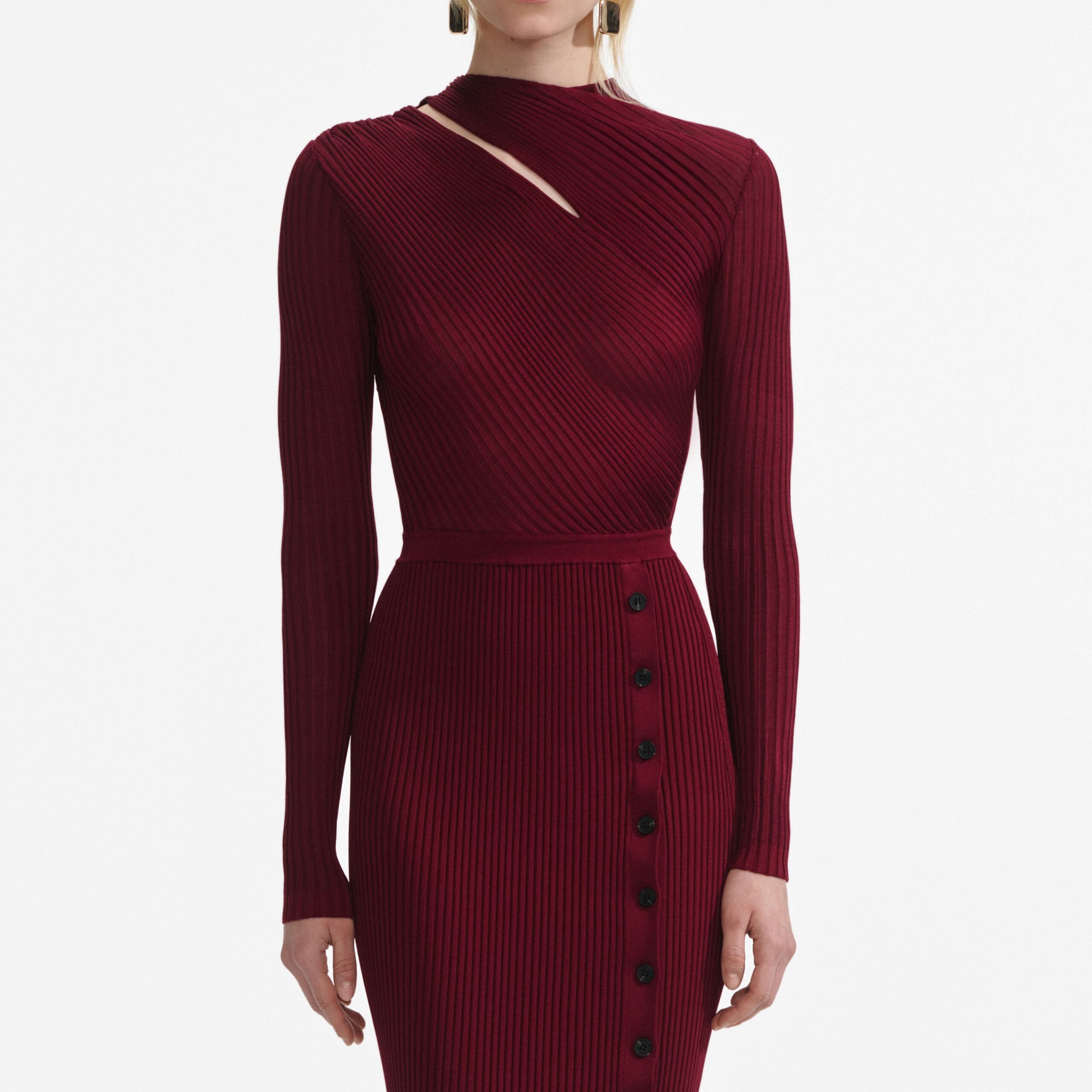 TIFFANY BURGUNDY CUT OUT RIB MIDI DRESS
