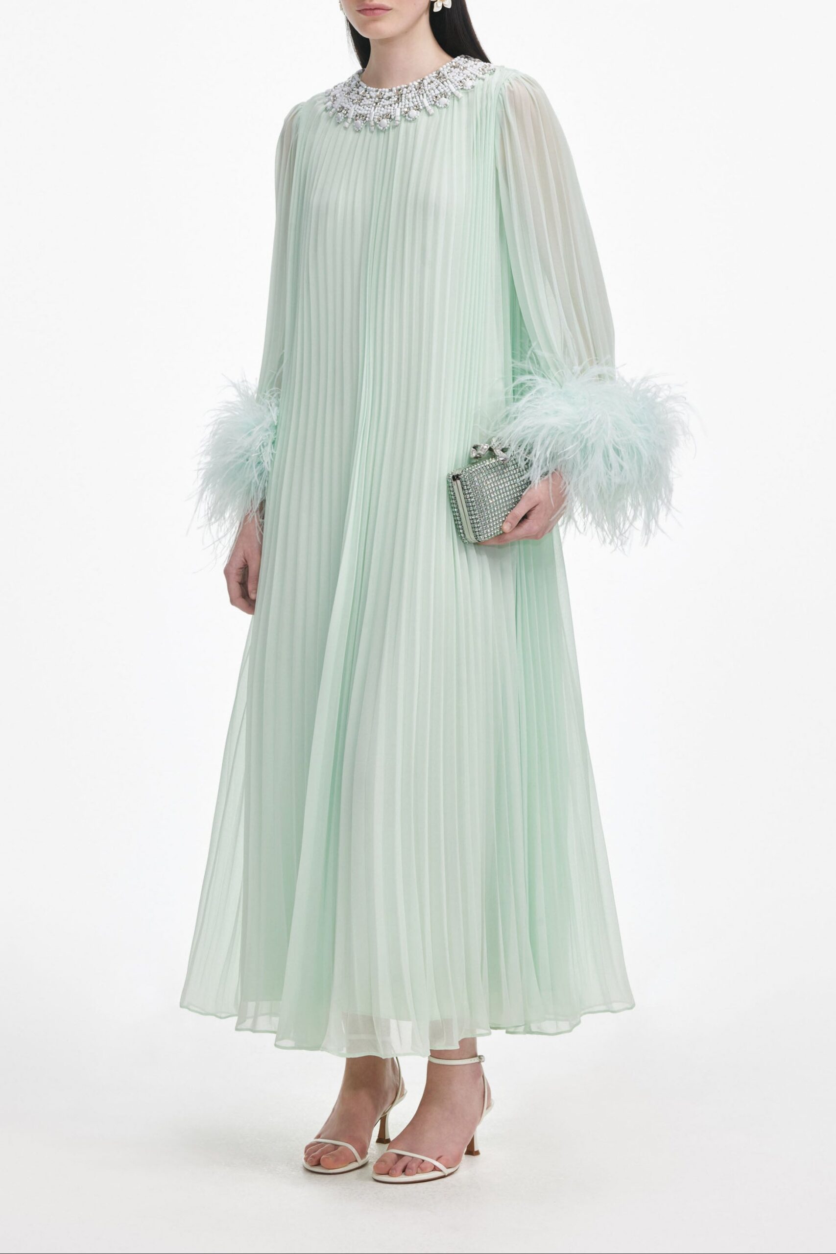 MINT FEATHER MIDI DRESS FOR EVENING PARTIES