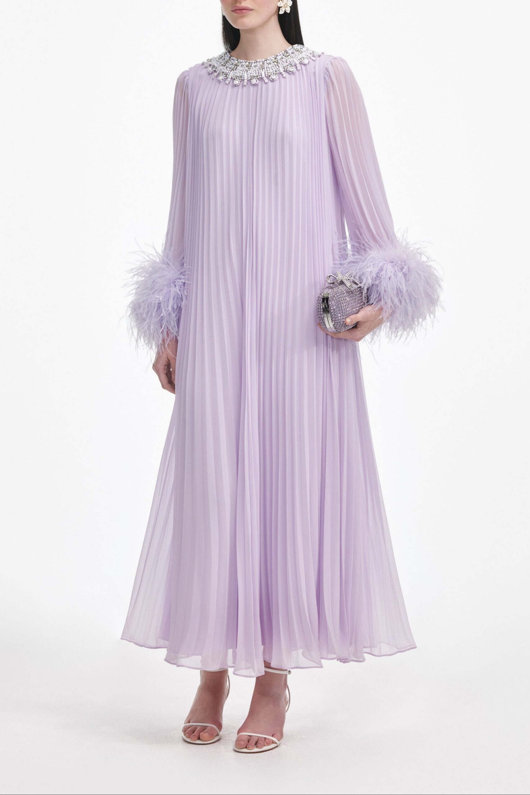 LILAC FEATHER CHIFFON MIDI DRESS FOR EVENTS