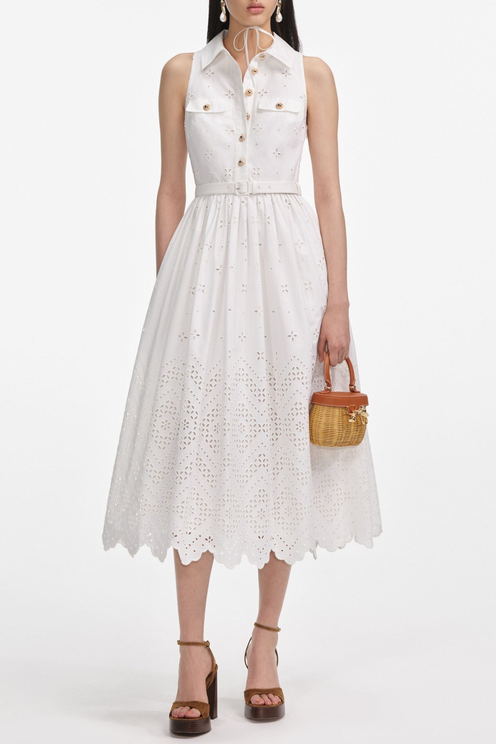ELSIE WHITE BRODERIE MIDI DRESS, COTTON COLLARED