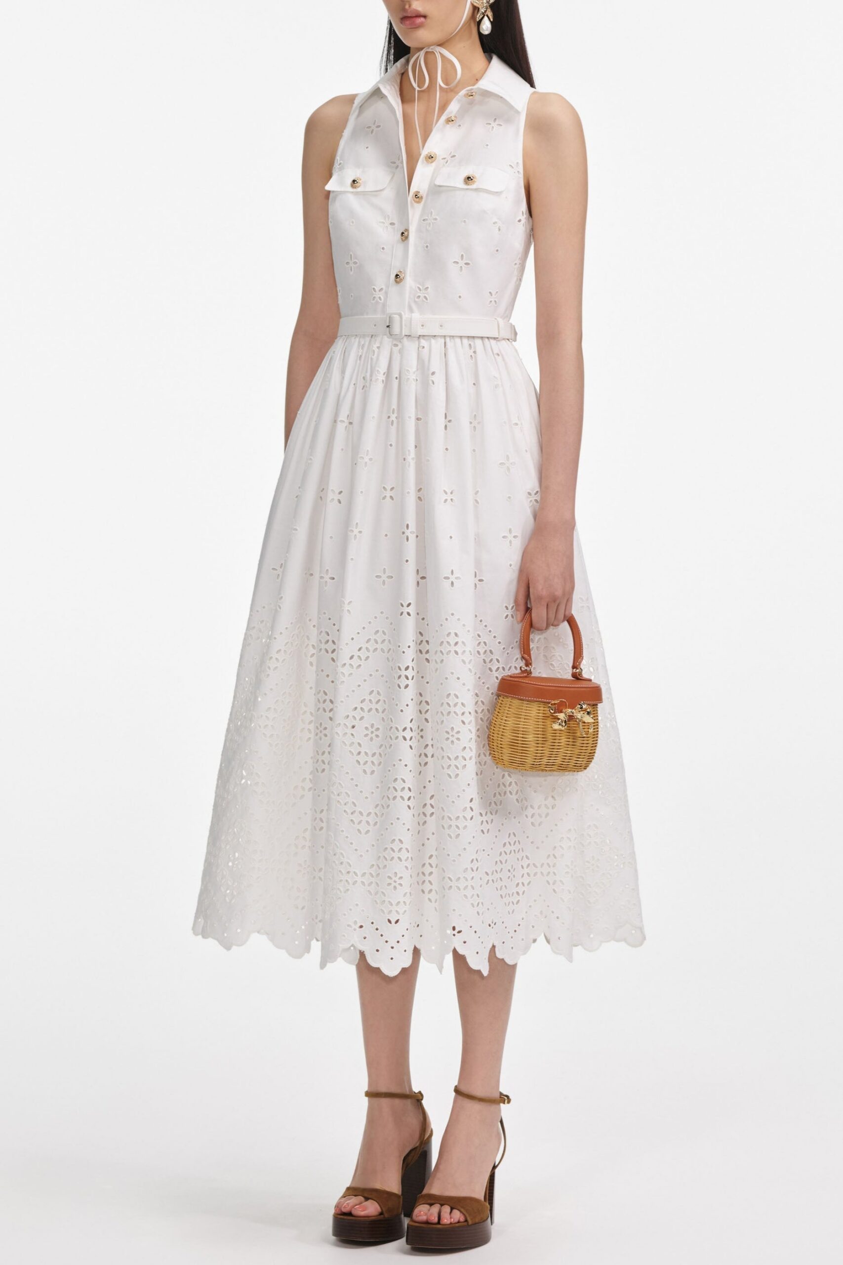 ELSIE WHITE BRODERIE MIDI DRESS, COTTON COLLARED