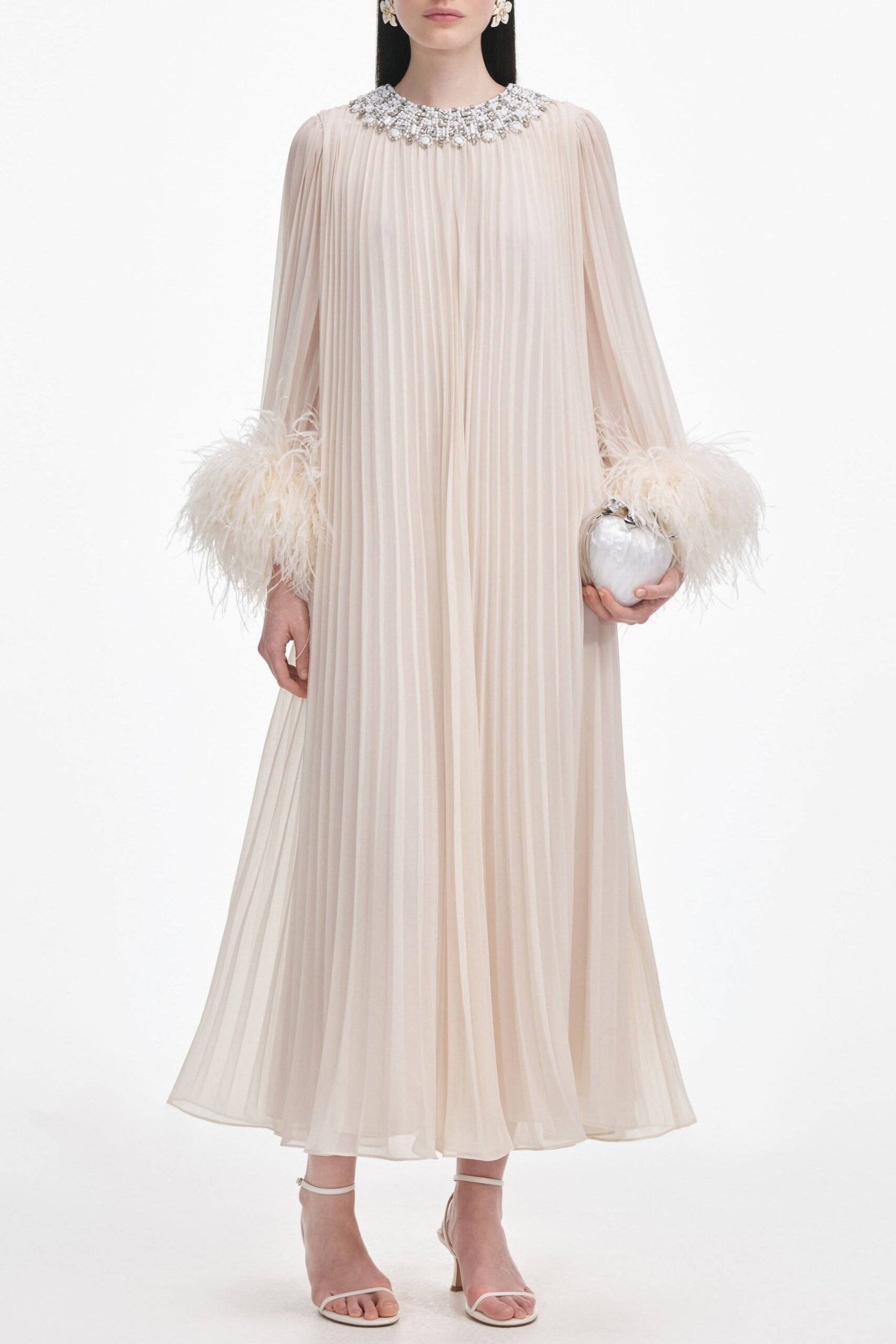 PF25-907M-C-1 CREAM CHIFFON FEATHER MIDI DRESS FOR WEDDING GUEST