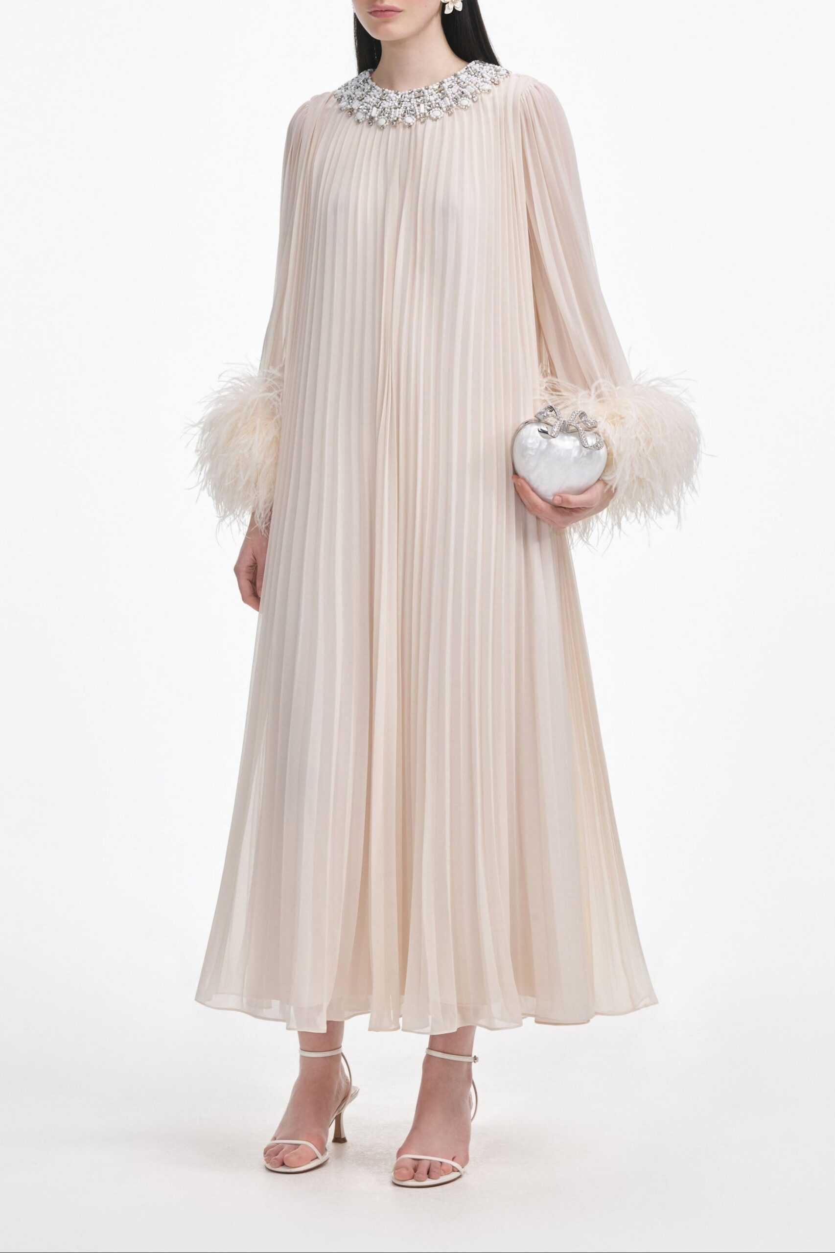 CREAM CHIFFON FEATHER MIDI DRESS FOR WEDDING GUEST
