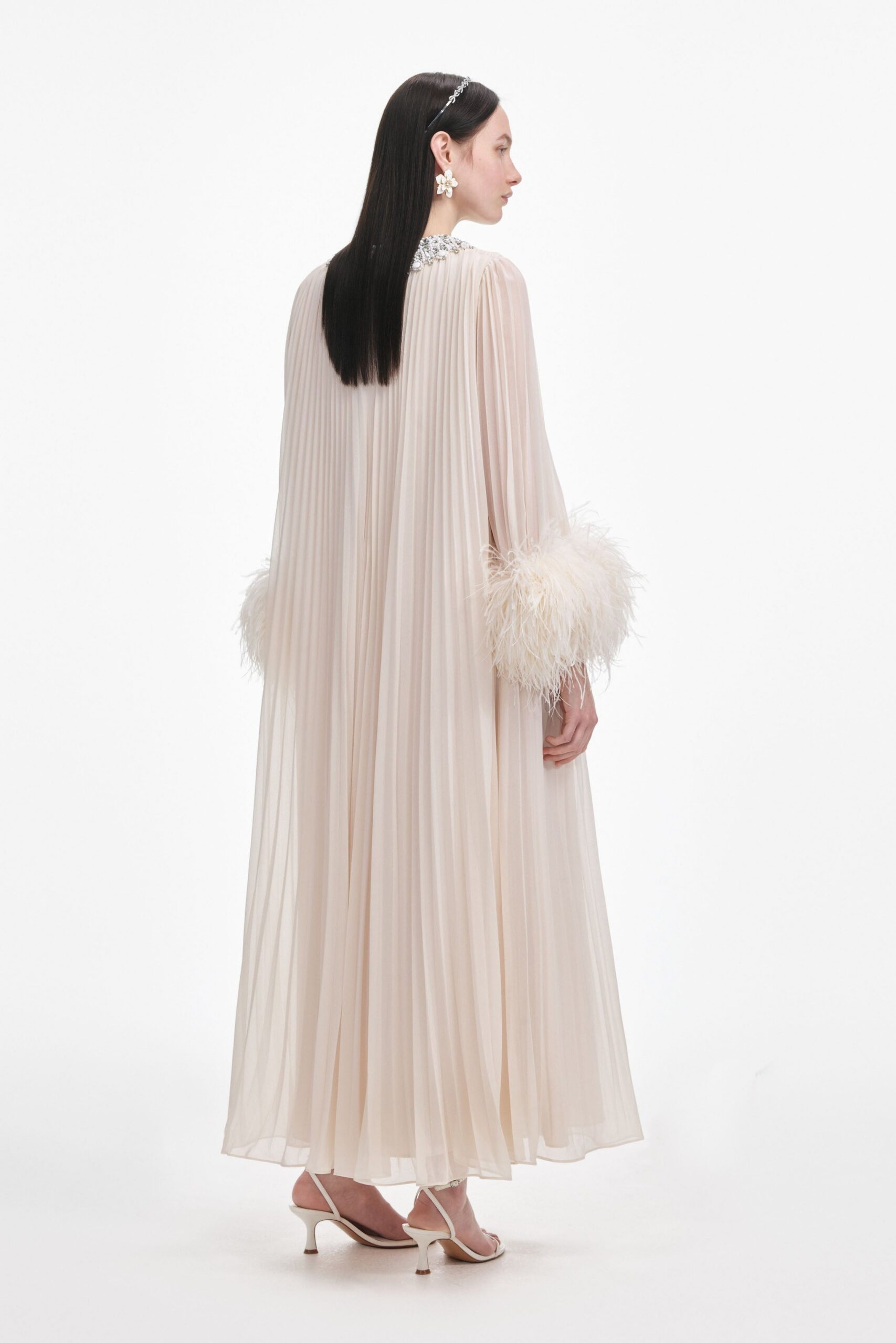 CREAM CHIFFON FEATHER MIDI DRESS FOR WEDDING GUEST