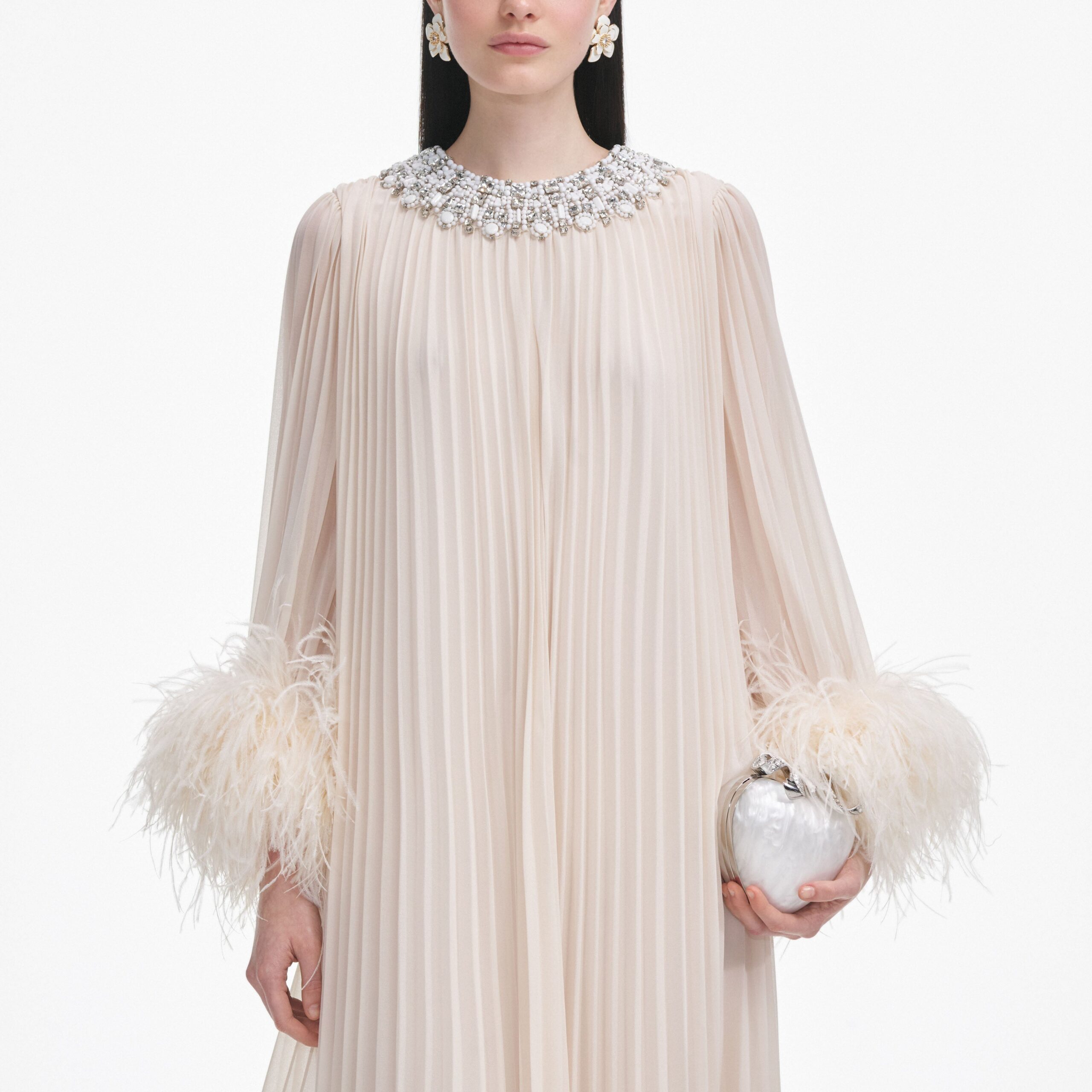 CREAM CHIFFON FEATHER MIDI DRESS FOR WEDDING GUEST