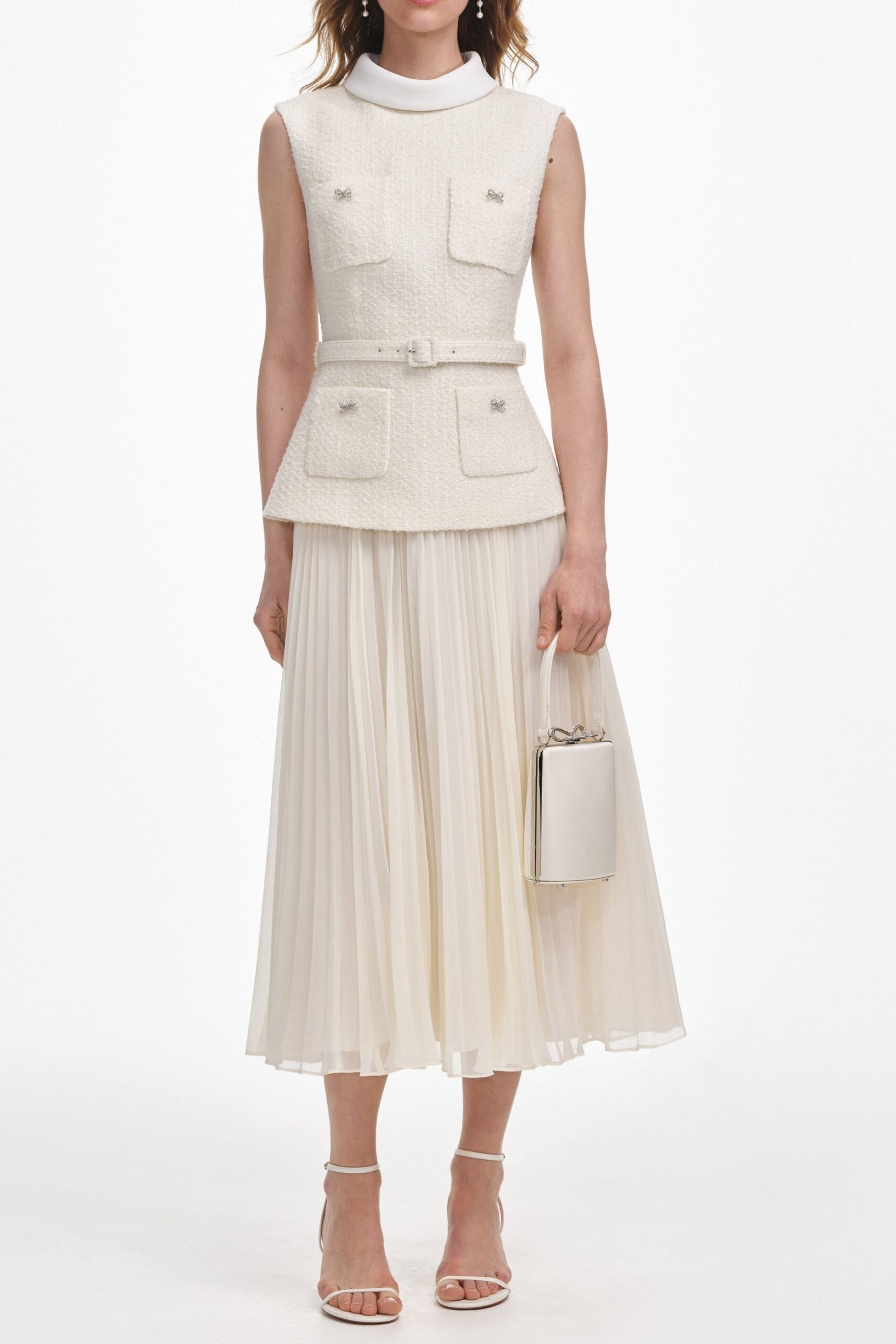 ZOE CREAM BOUCLE SLEEVELESS MIDI DRESS FOR WEDDING GUEST
