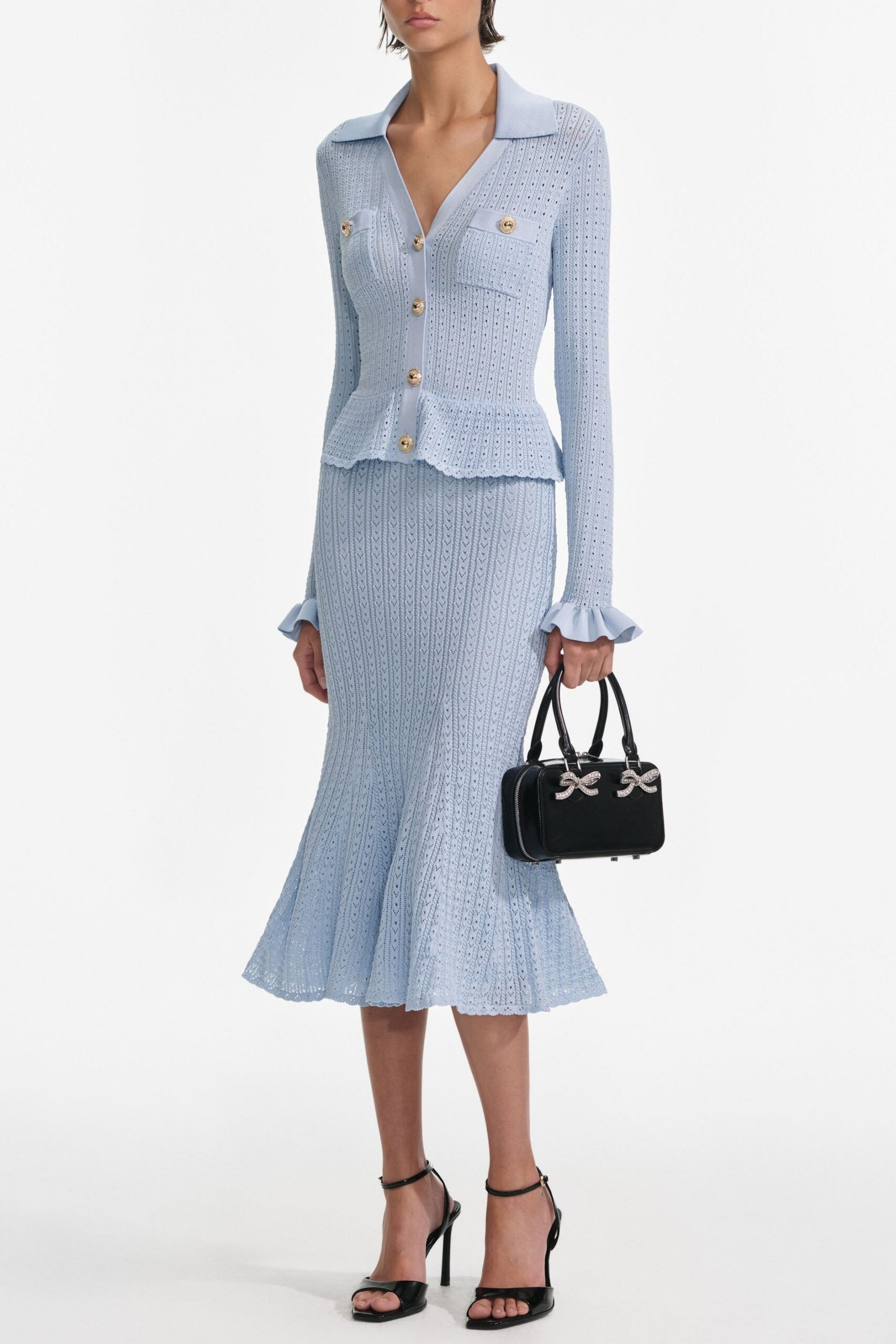LILLIAN BLUE POINTELLE PEPLUM MIDI DRESS