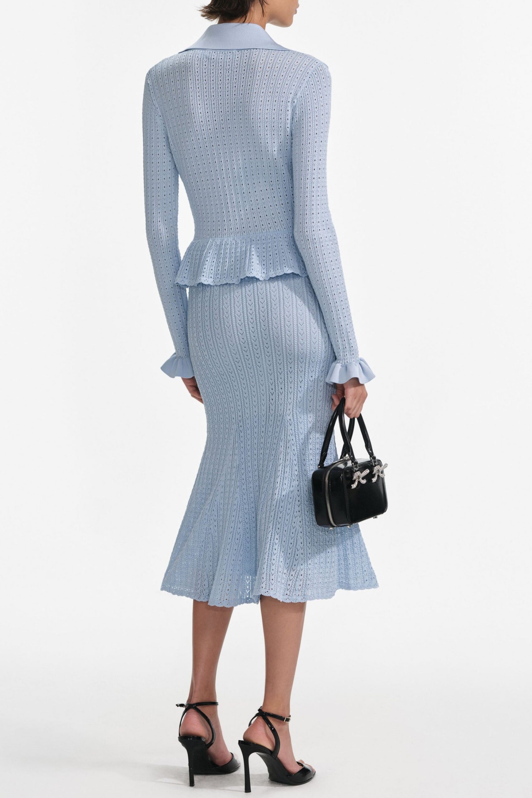 LILLIAN BLUE POINTELLE PEPLUM MIDI DRESS
