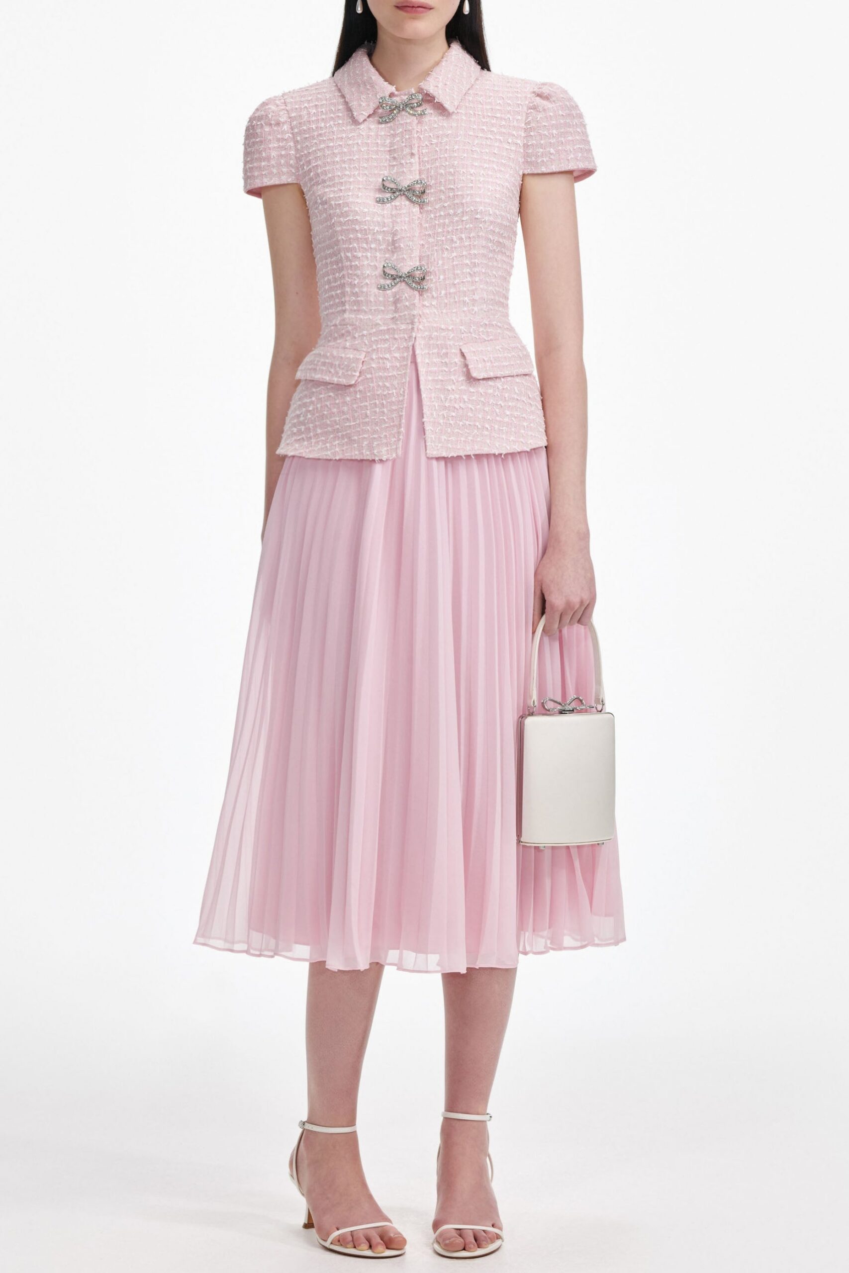 GILL PINK BOUCLE MIDI DRESS FOR WEDDING GUEST
