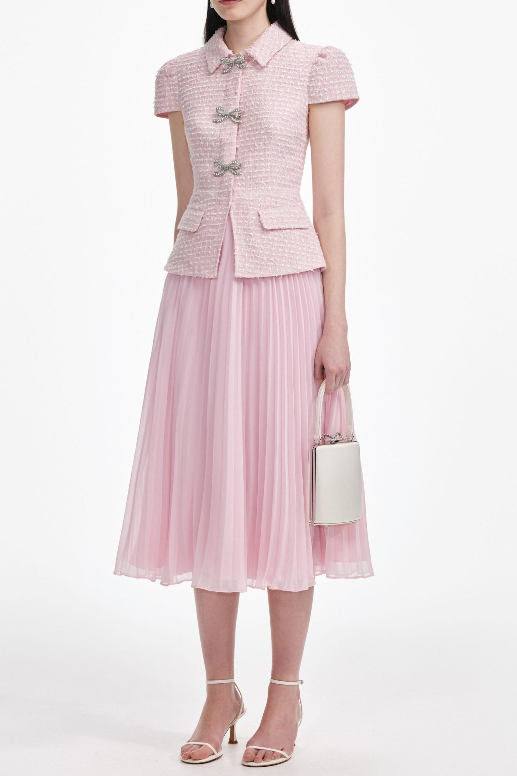 GILL PINK BOUCLE MIDI DRESS FOR WEDDING GUEST