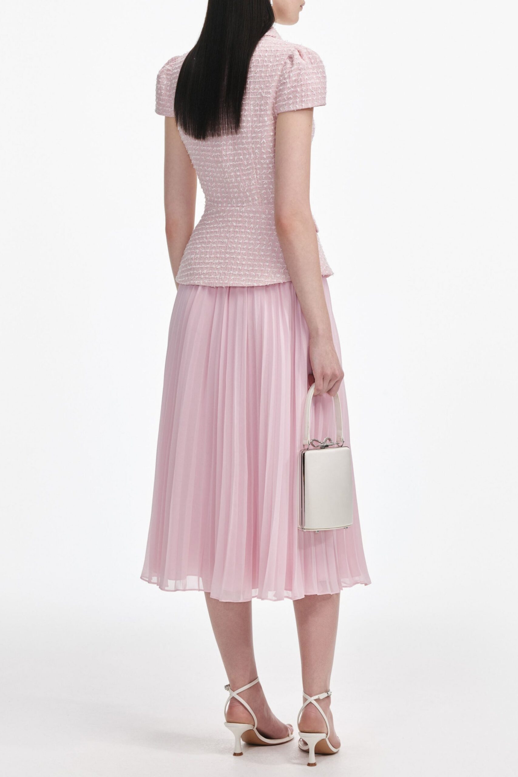GILL PINK BOUCLE MIDI DRESS FOR WEDDING GUEST