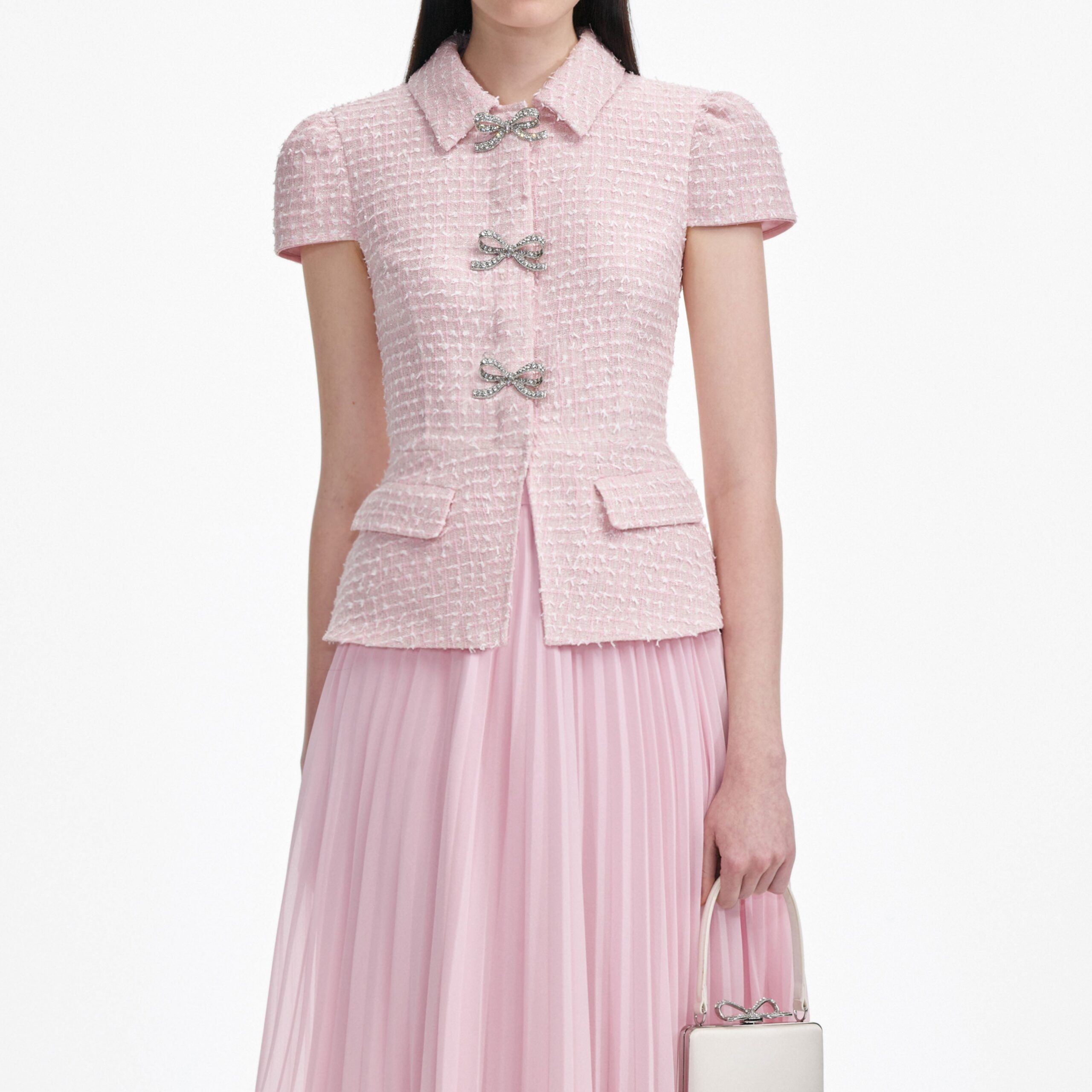 GILL PINK BOUCLE MIDI DRESS FOR WEDDING GUEST