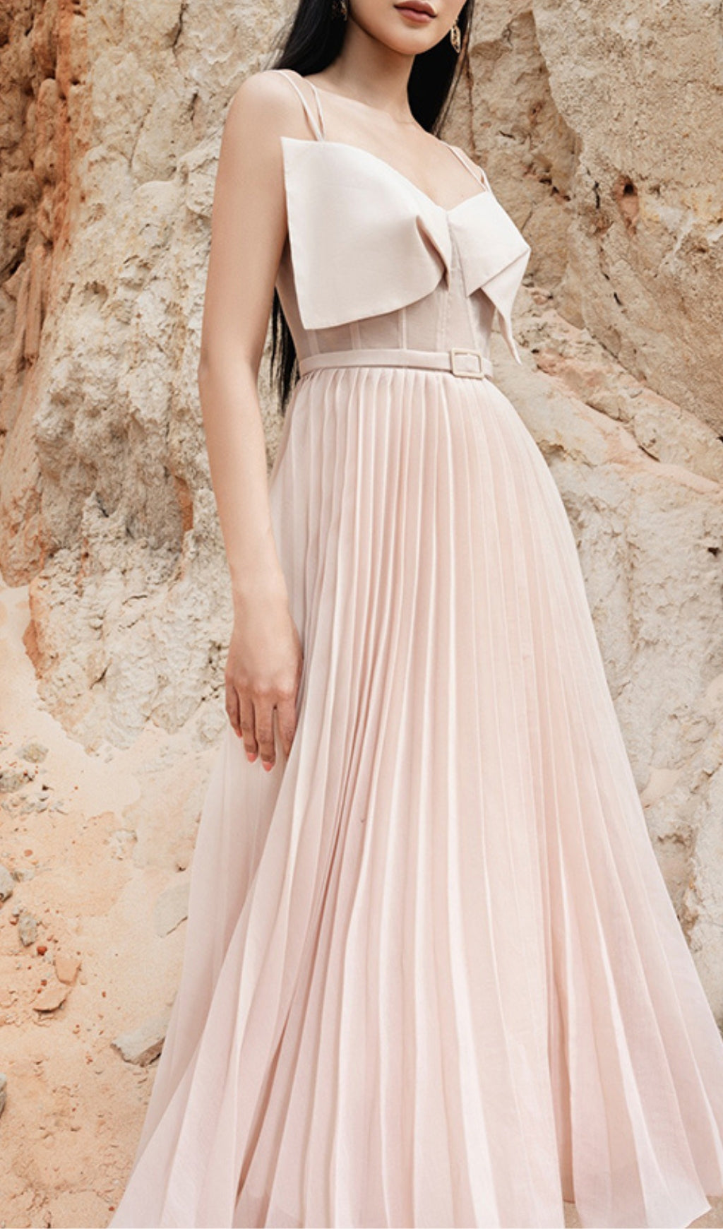 PLATED CHEST BOW MIDI DRESS, BEIGE, ELEGANT OCCASION