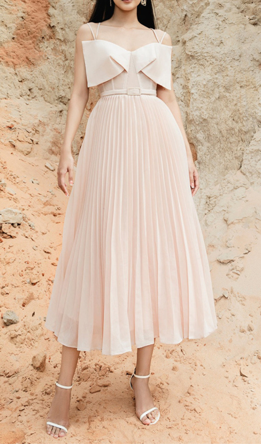 PLATED CHEST BOW MIDI DRESS, BEIGE, ELEGANT OCCASION