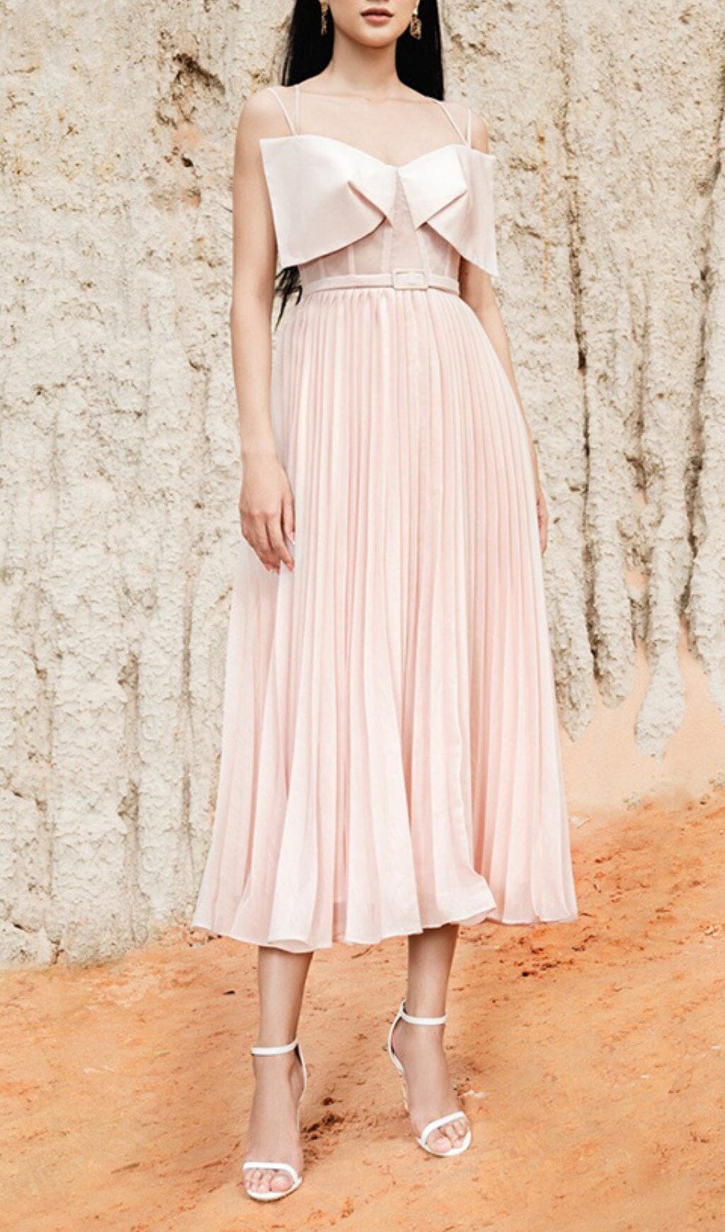 PLATED CHEST BOW MIDI DRESS, BEIGE, ELEGANT OCCASION