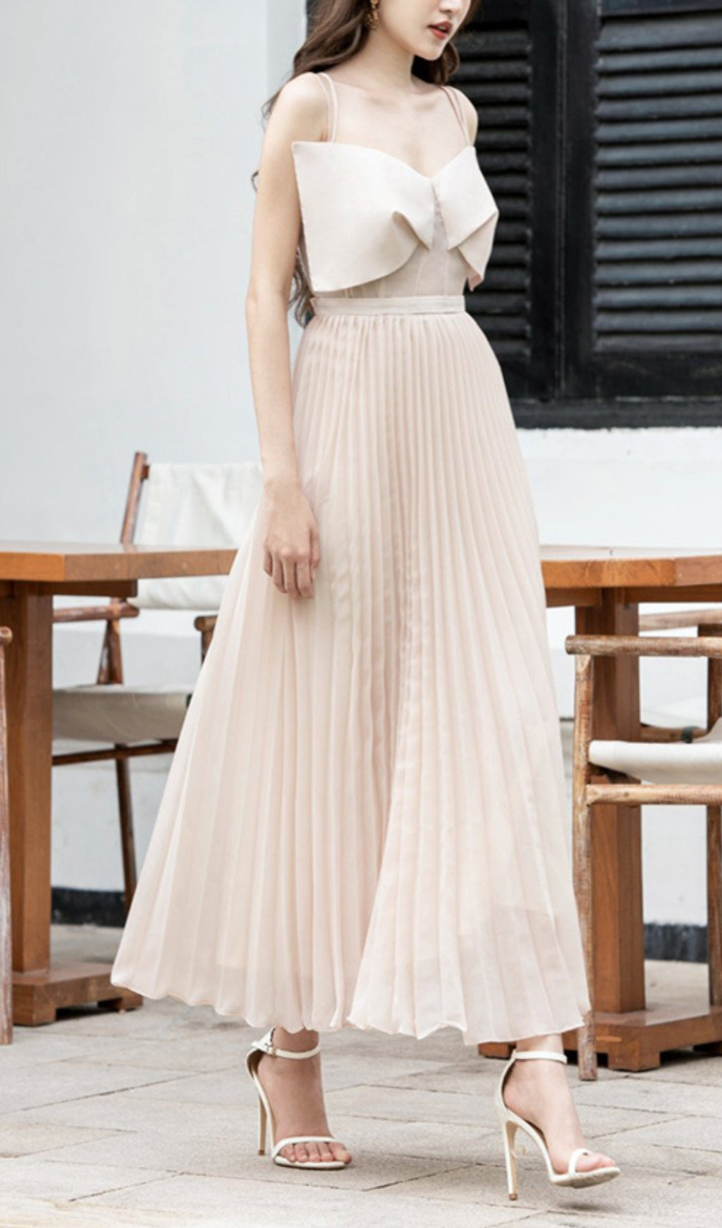 PLATED CHEST BOW MIDI DRESS, BEIGE, ELEGANT OCCASION