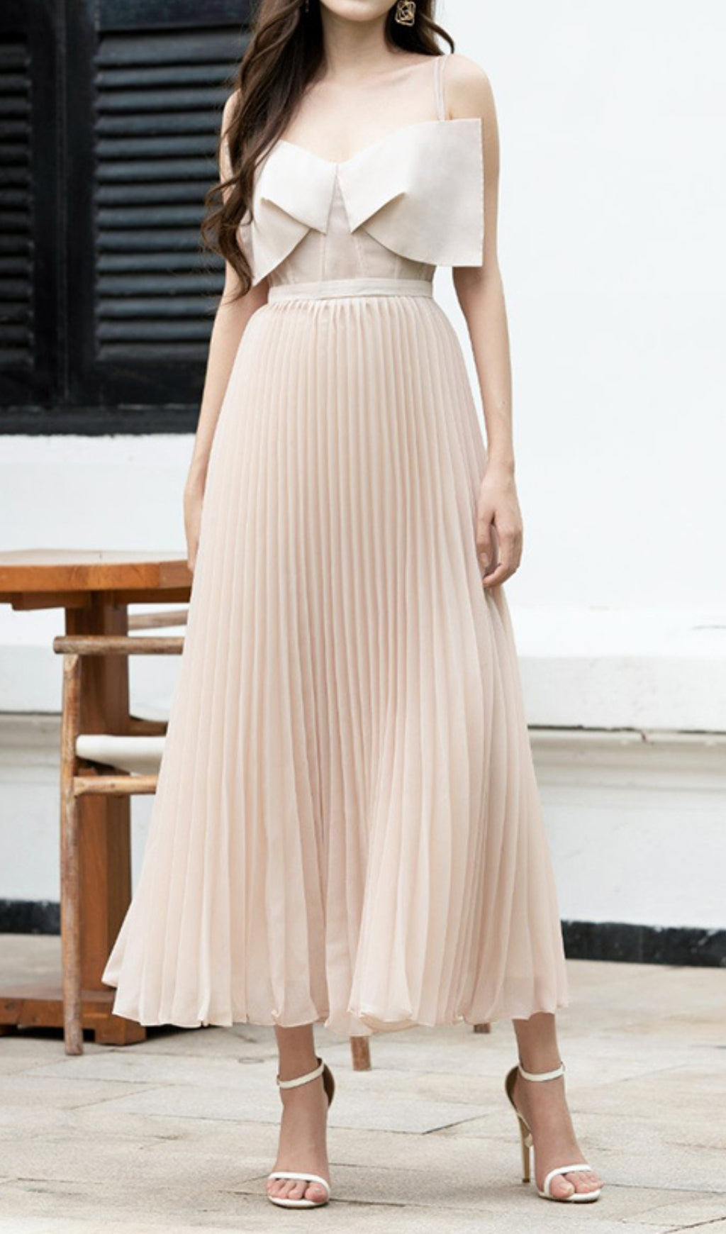 PLATED CHEST BOW MIDI DRESS, BEIGE, ELEGANT OCCASION