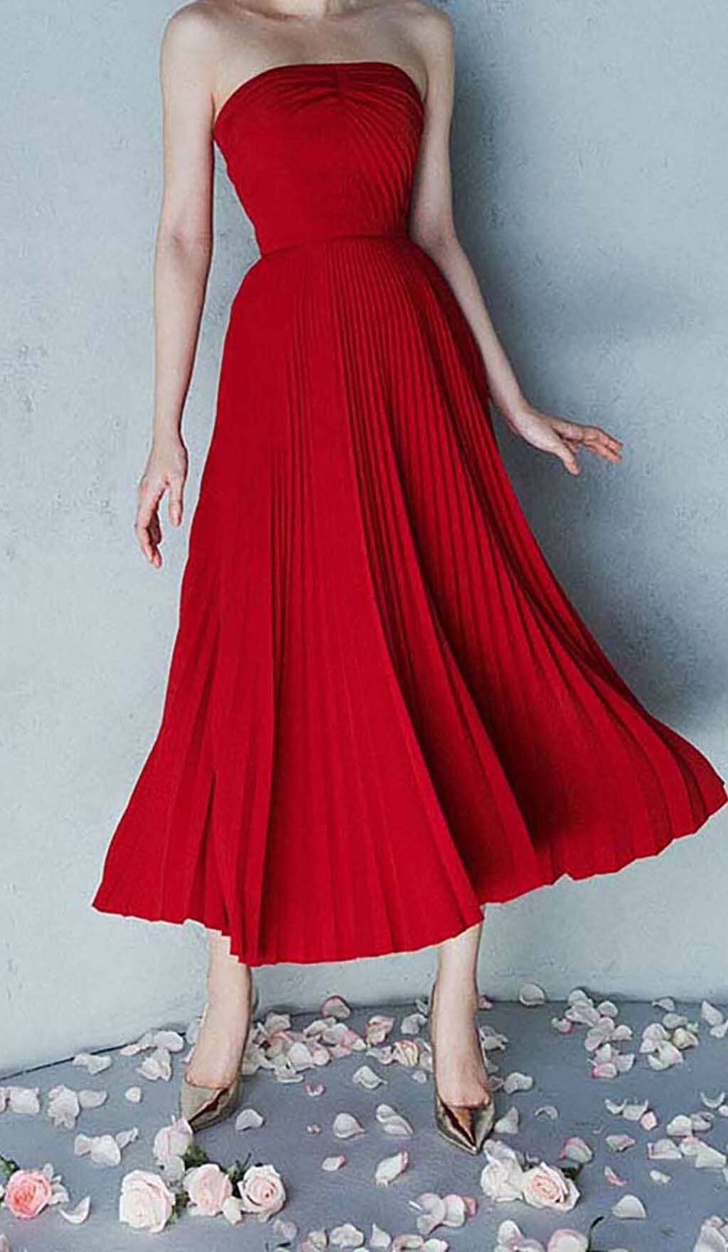 PLEATED STRAPLESS MIDI DRESS, WINE RED, FORMAL