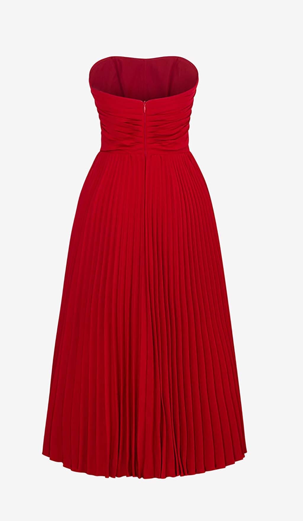 PLEATED STRAPLESS MIDI DRESS, WINE RED, FORMAL