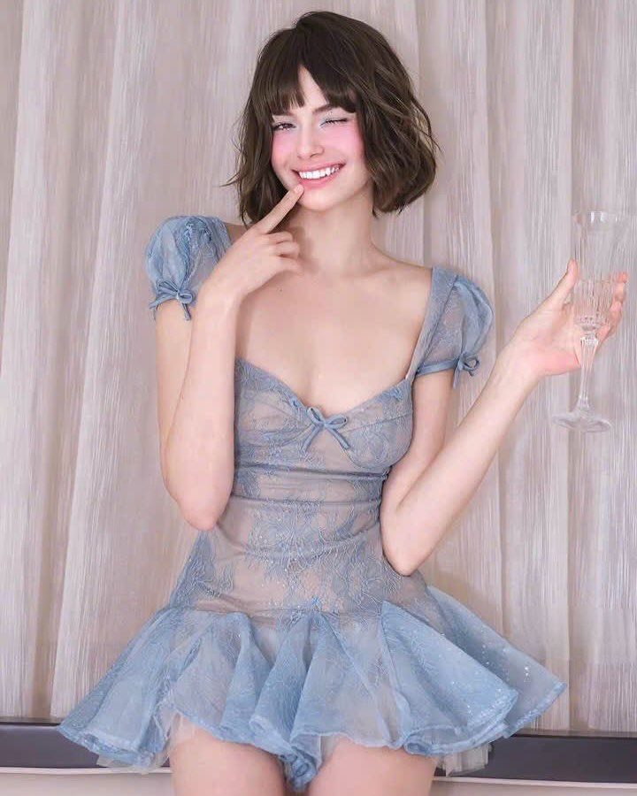 LACE PUFFY MINI DRESS - BLUE EMBROIDERY COCKTAIL