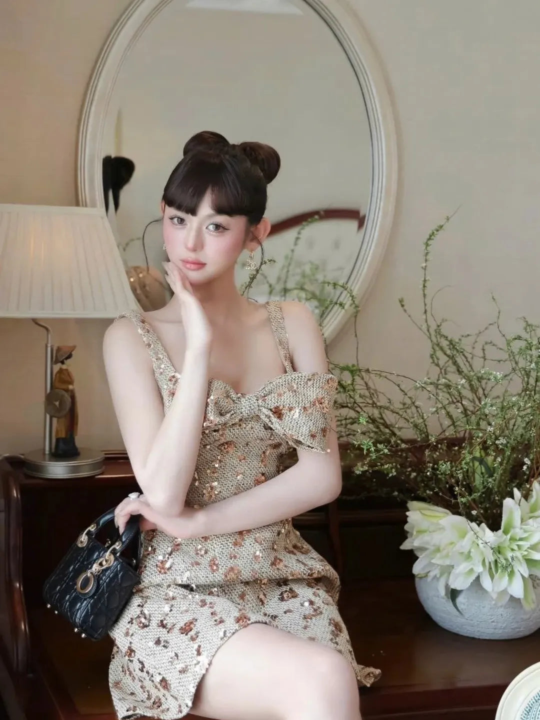 ANILA SEQUIN BOW MINI DRESS GOLD PARTY