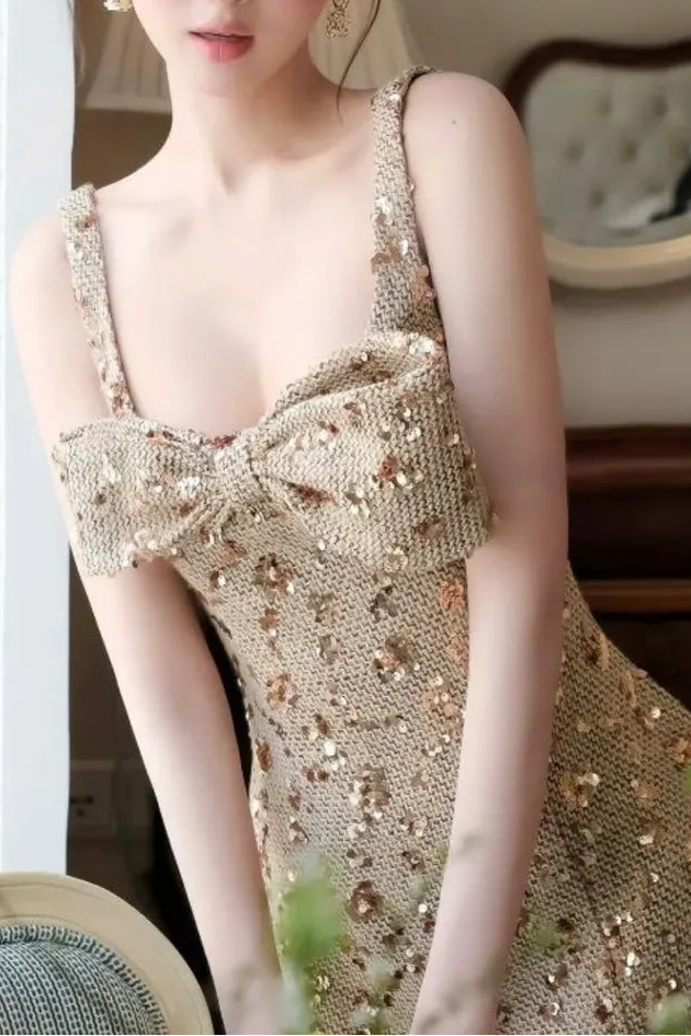 ANILA SEQUIN BOW MINI DRESS GOLD PARTY