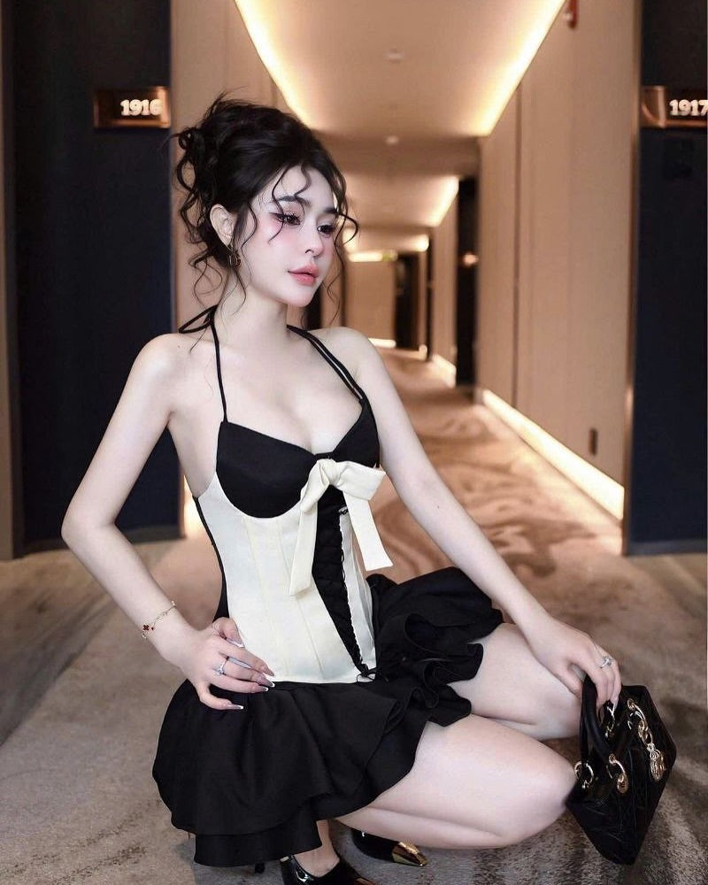 BLACK WHITE PATCHWORK MINI HALTER DRESS