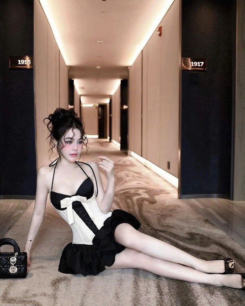 BLACK WHITE PATCHWORK MINI HALTER DRESS