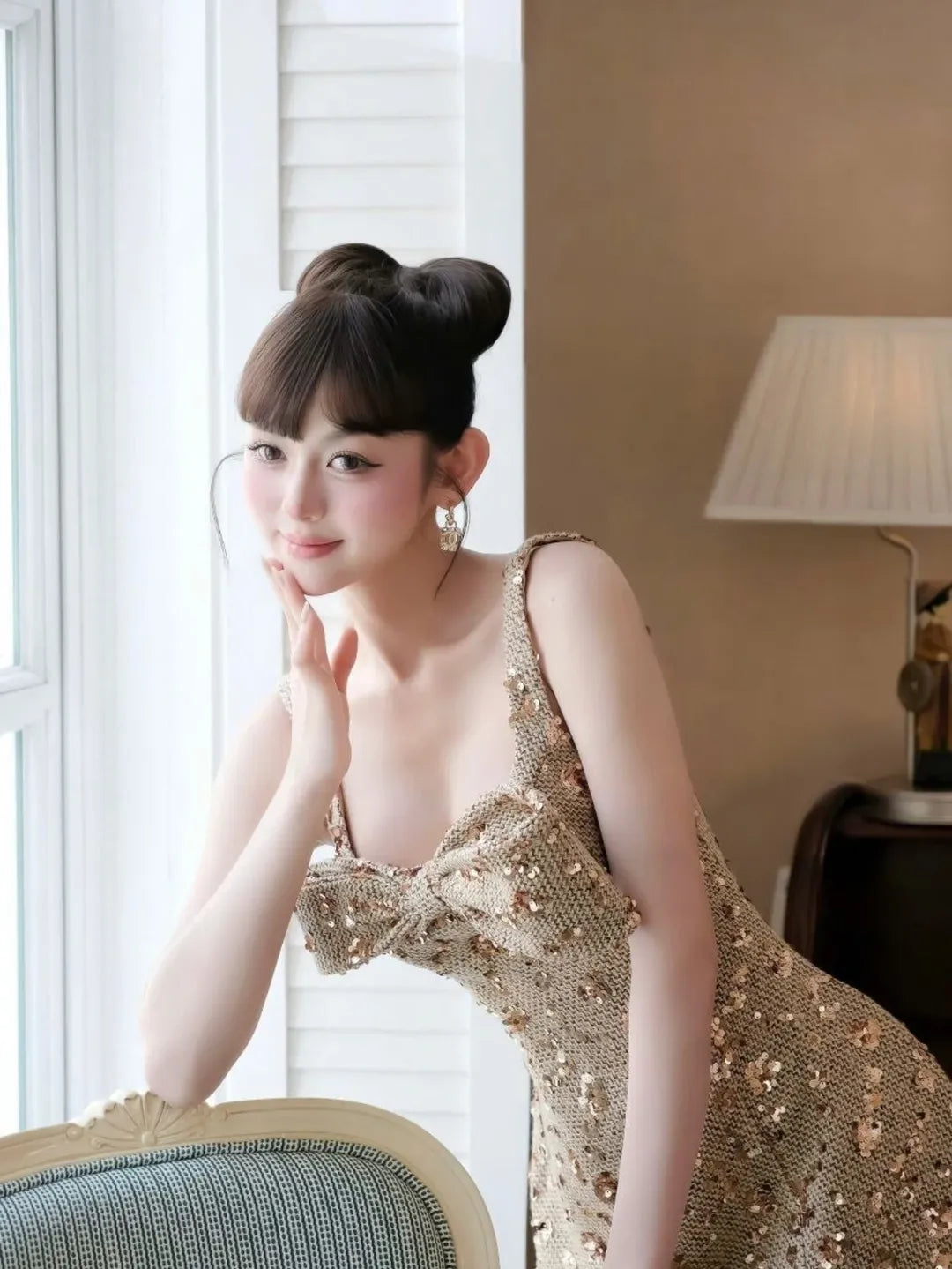ANILA SEQUIN BOW MINI DRESS GOLD PARTY