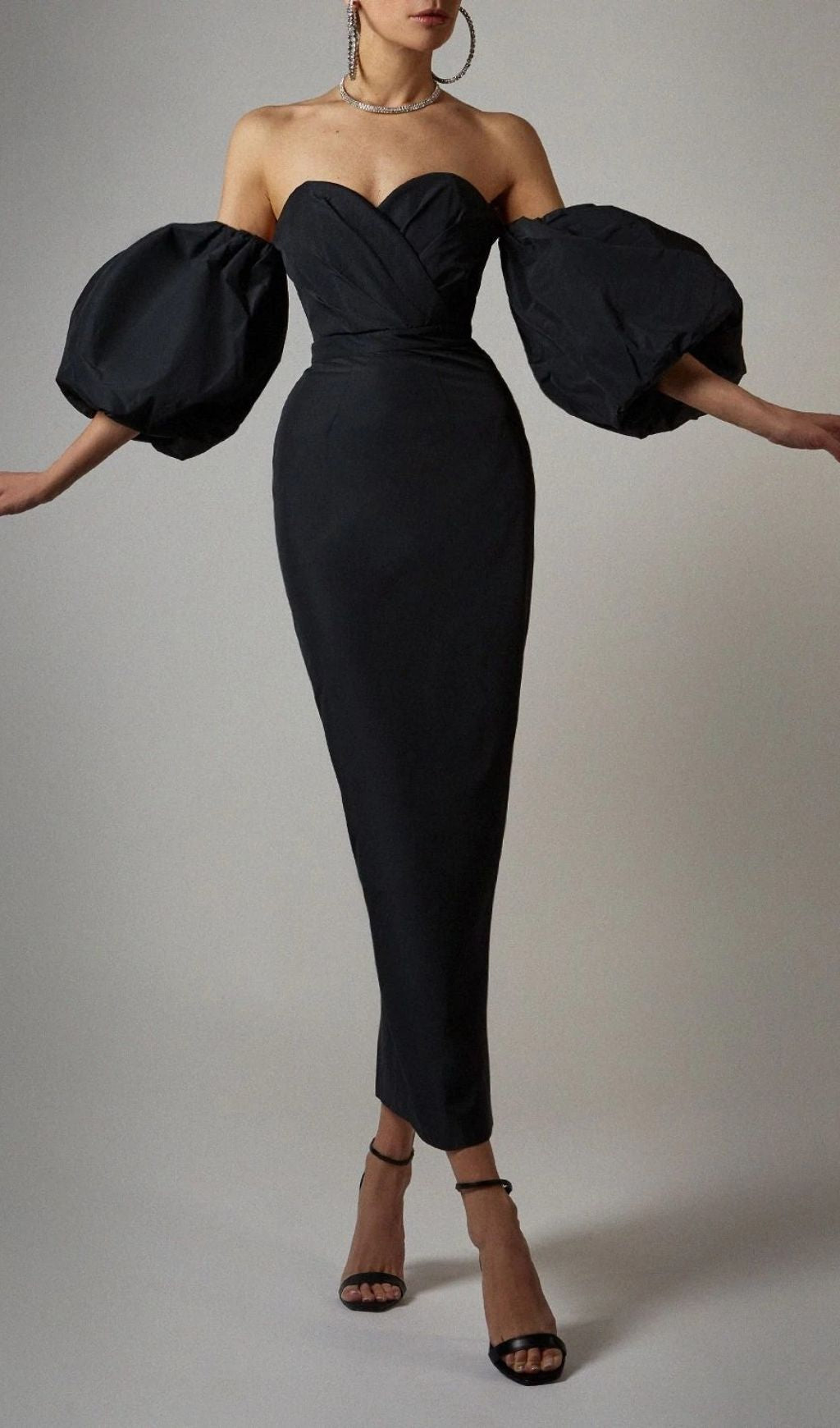 PUFF-SLEEVE-DRESS-IN-BLACK-2 PUFF SLEEVE MIDI DRESS, BLACK, ELEGANT OCCASION