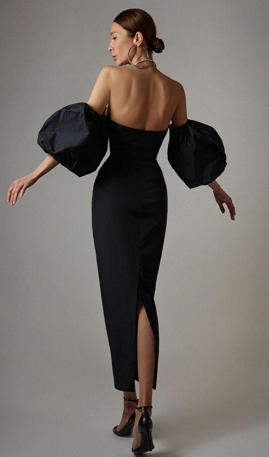 PUFF SLEEVE MIDI DRESS, BLACK, ELEGANT OCCASION