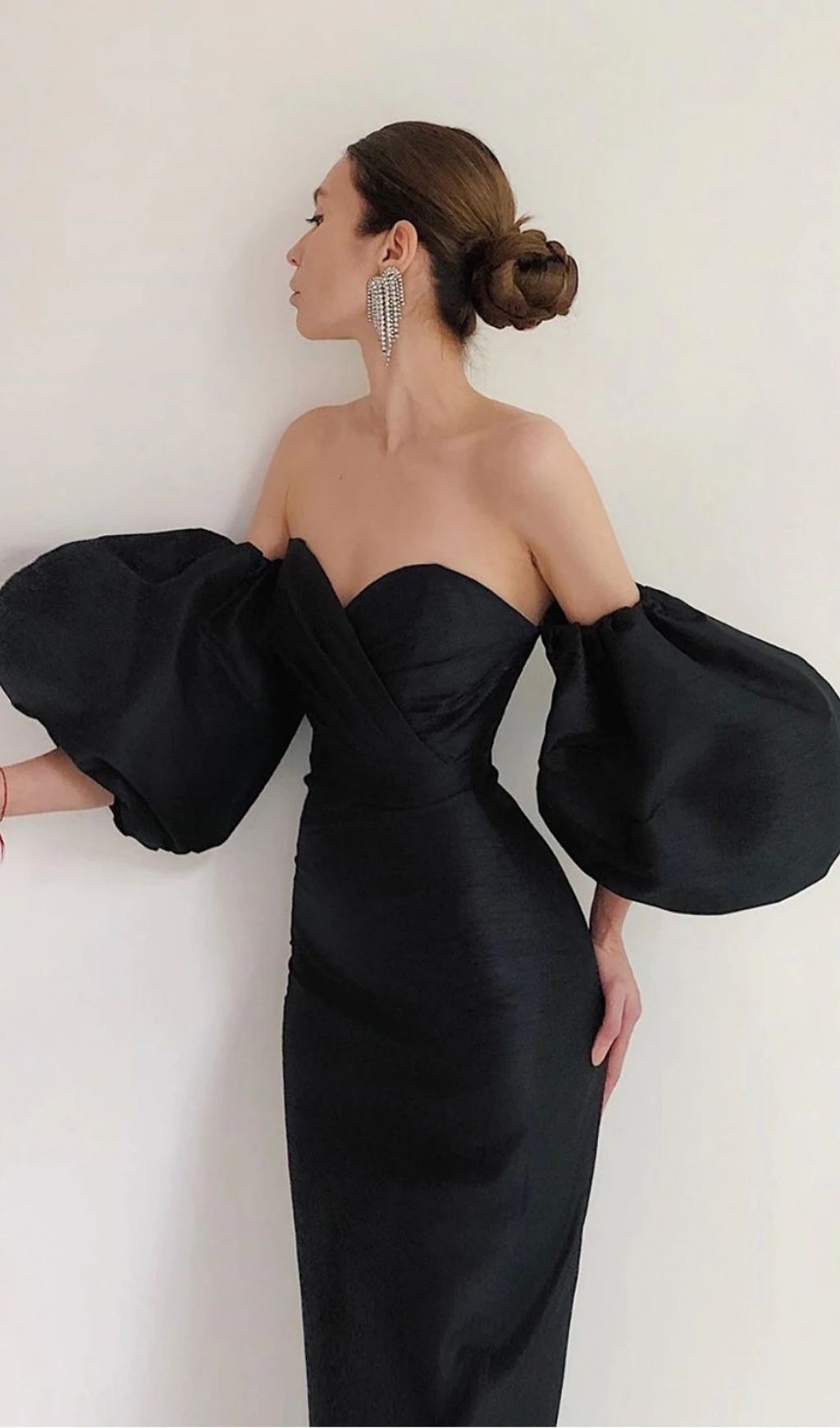 PUFF SLEEVE MIDI DRESS, BLACK, ELEGANT OCCASION