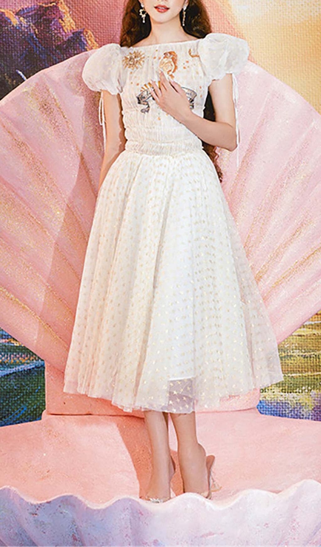 PUFF SLEEVE HIGH WAIST EMBROIDERY MIDI DRESS WHITE