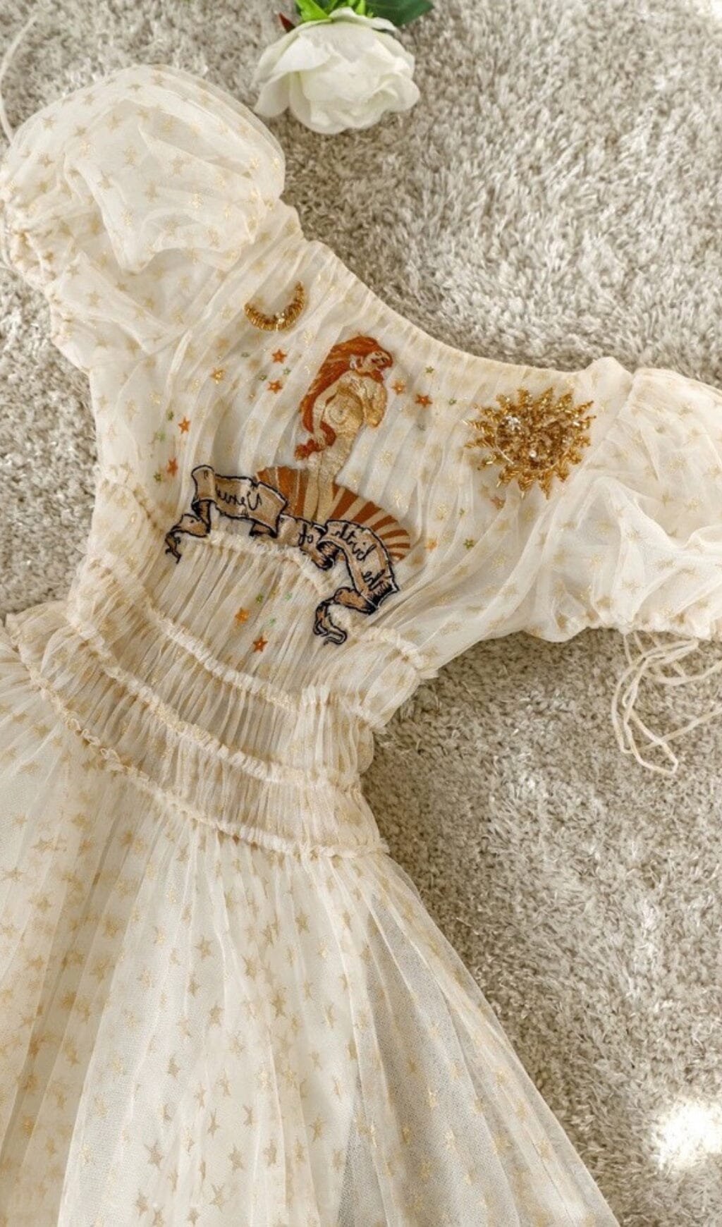 PUFF SLEEVE HIGH WAIST EMBROIDERY MIDI DRESS WHITE