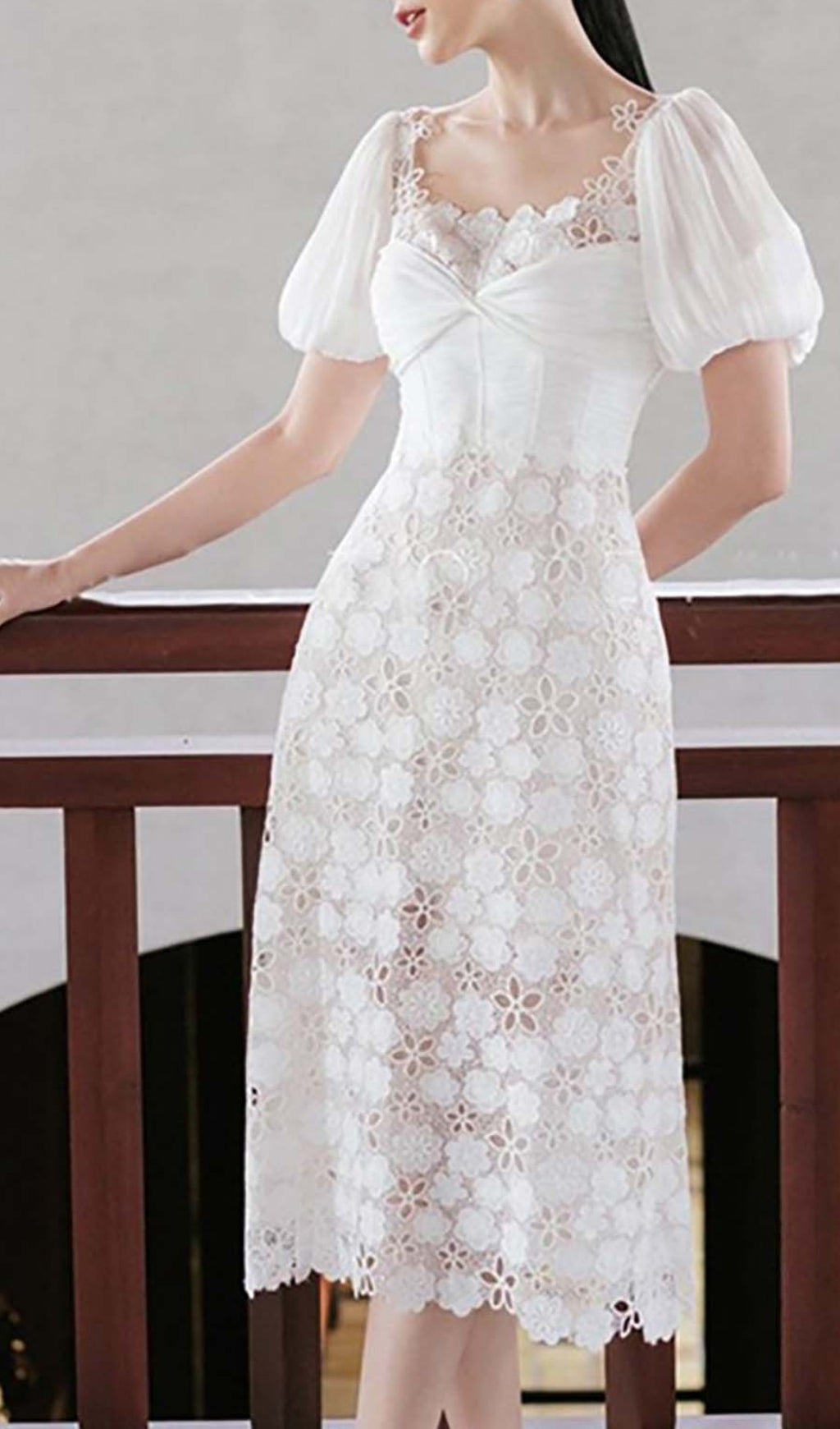 PUFF SLEEVE LACE MIDI DRESS, WHITE WEDDING GUEST