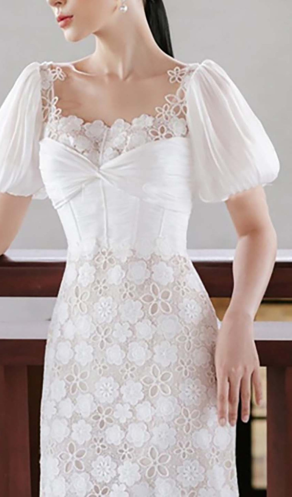 PUFF SLEEVE LACE MIDI DRESS, WHITE WEDDING GUEST