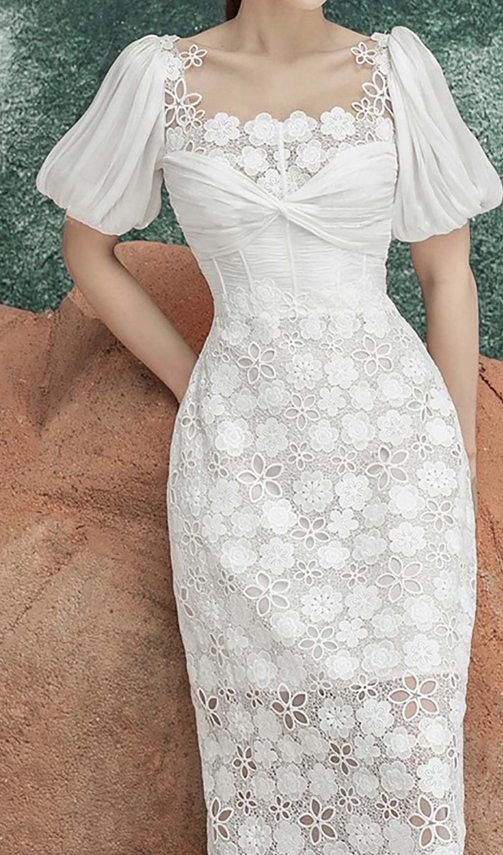 PUFF SLEEVE LACE MIDI DRESS, WHITE WEDDING GUEST