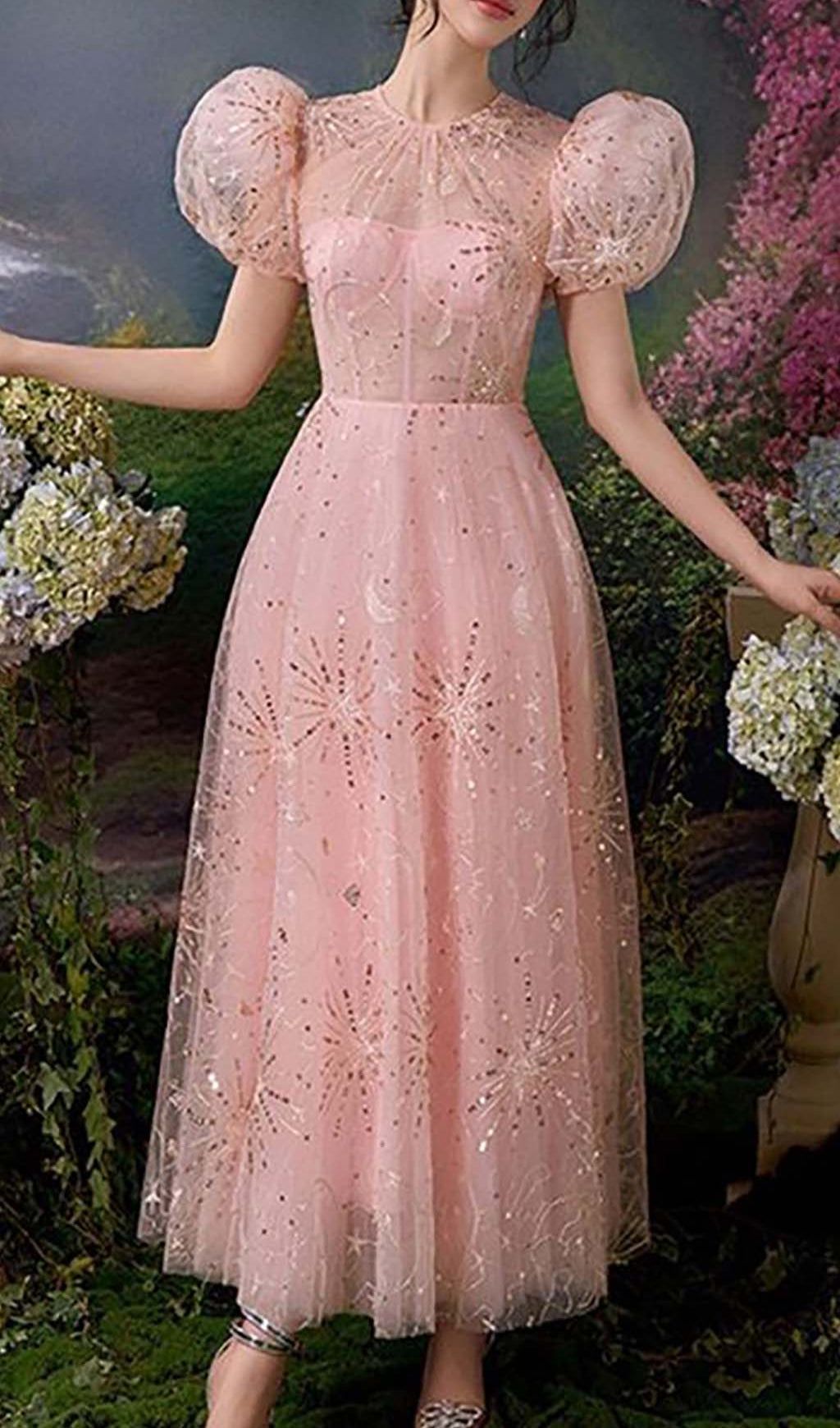 PUFF SLEEVE SEQUIN PINK MAXI DRESS