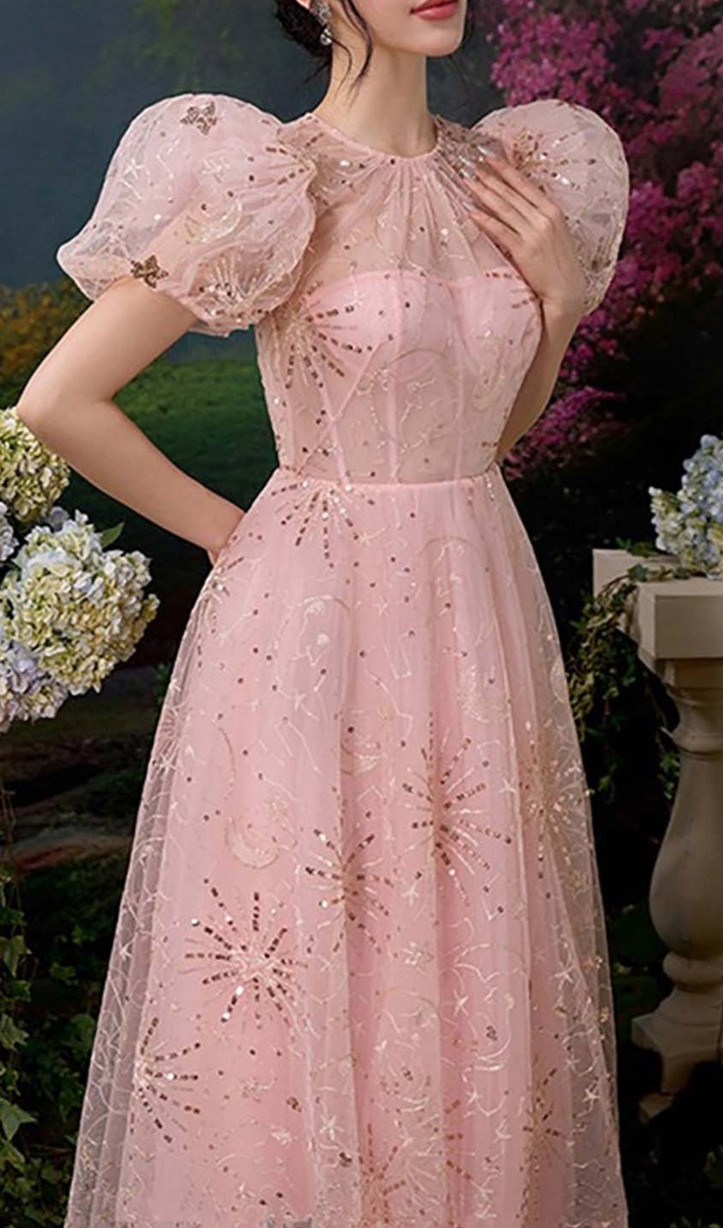 PUFF SLEEVE SEQUIN PINK MAXI DRESS