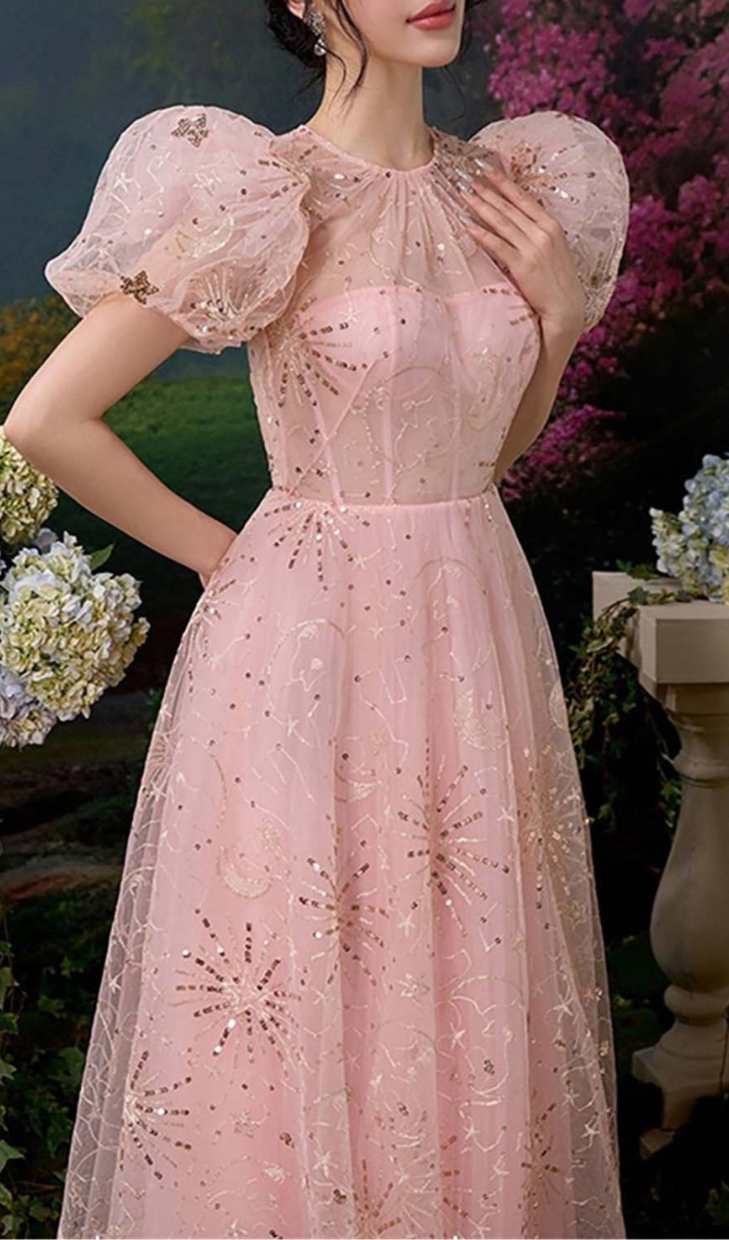 PUFF SLEEVE SEQUIN PINK MAXI DRESS
