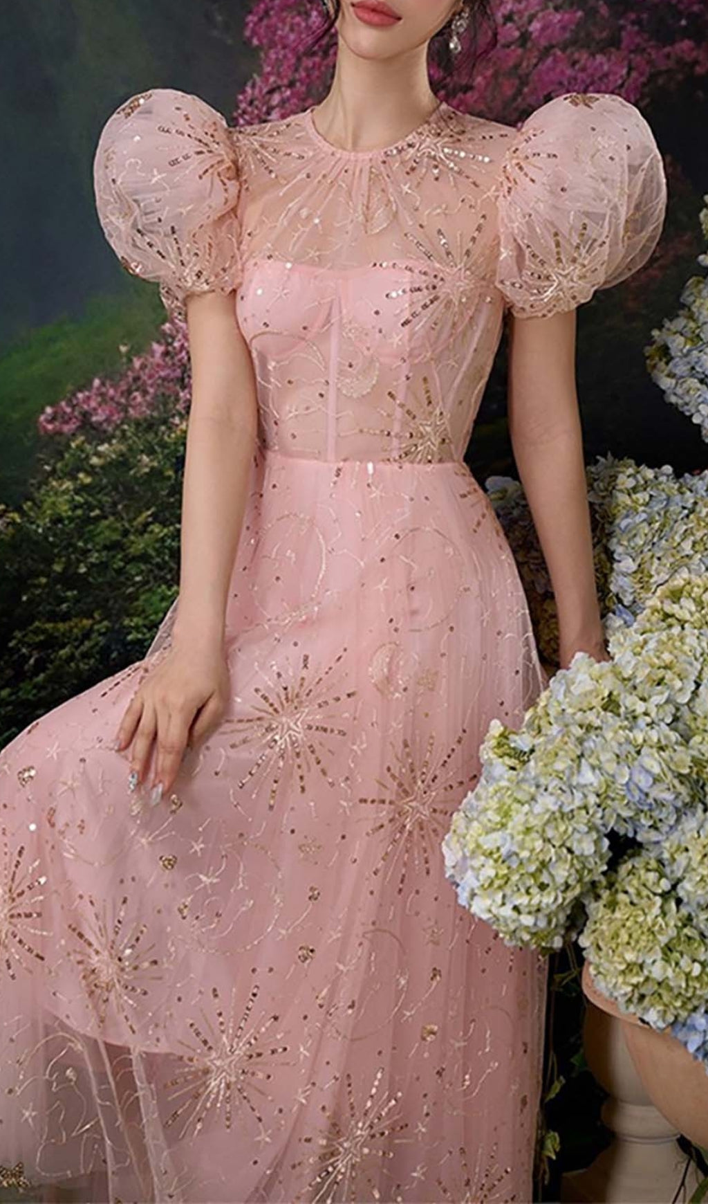 PUFF SLEEVE SEQUIN PINK MAXI DRESS
