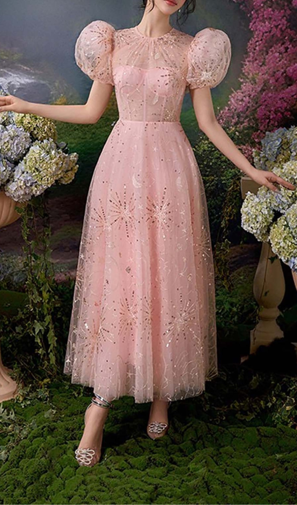 PUFF SLEEVE SEQUIN PINK MAXI DRESS