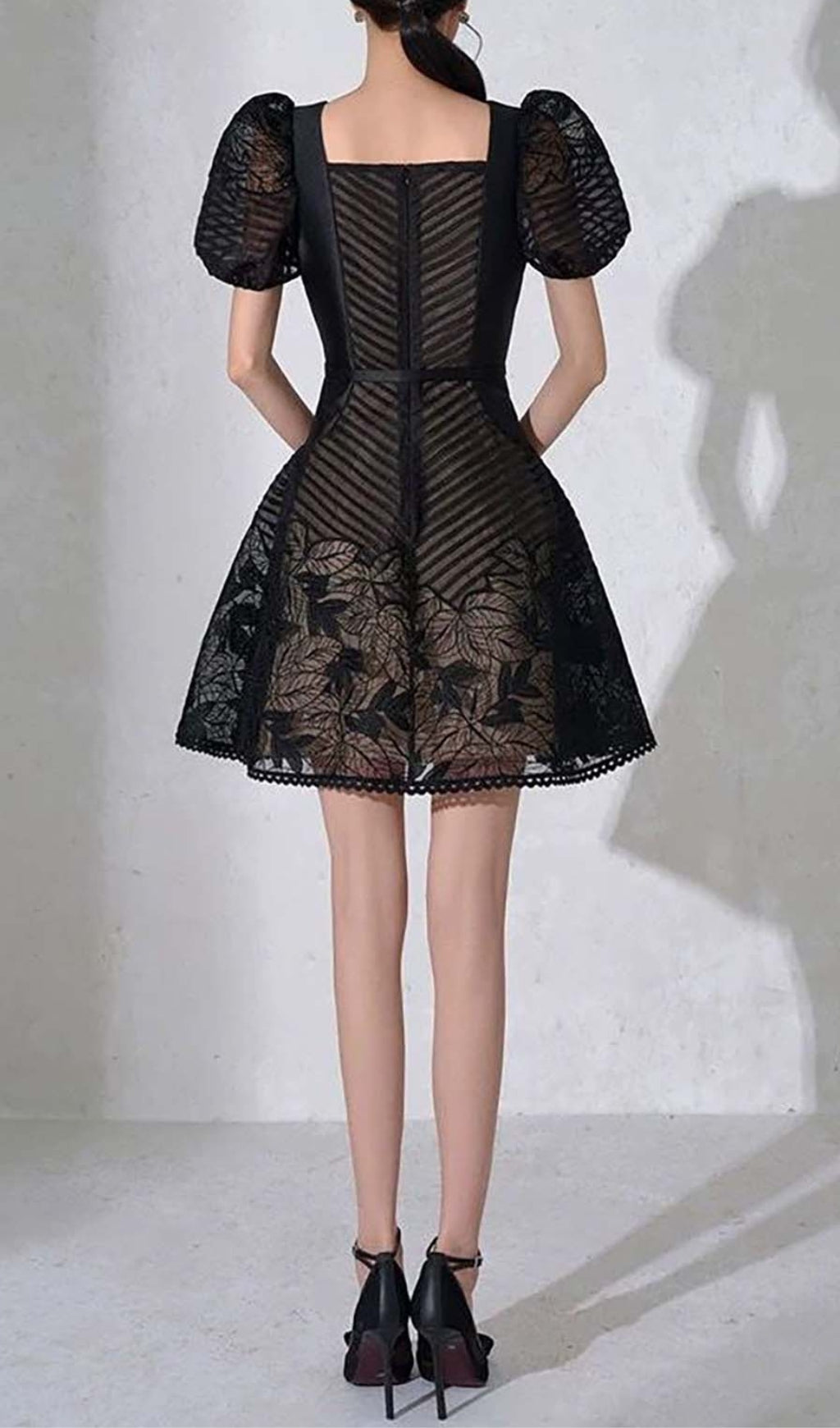 BLACK PUFF SLEEVE MESH A-LINE MINI DRESS