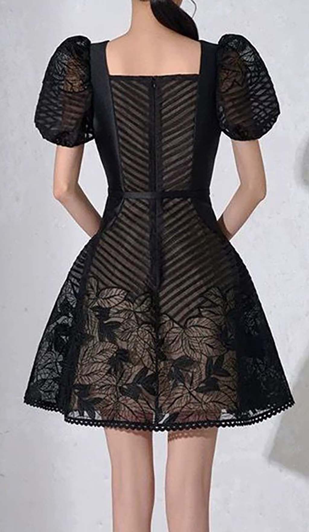 BLACK PUFF SLEEVE MESH A-LINE MINI DRESS