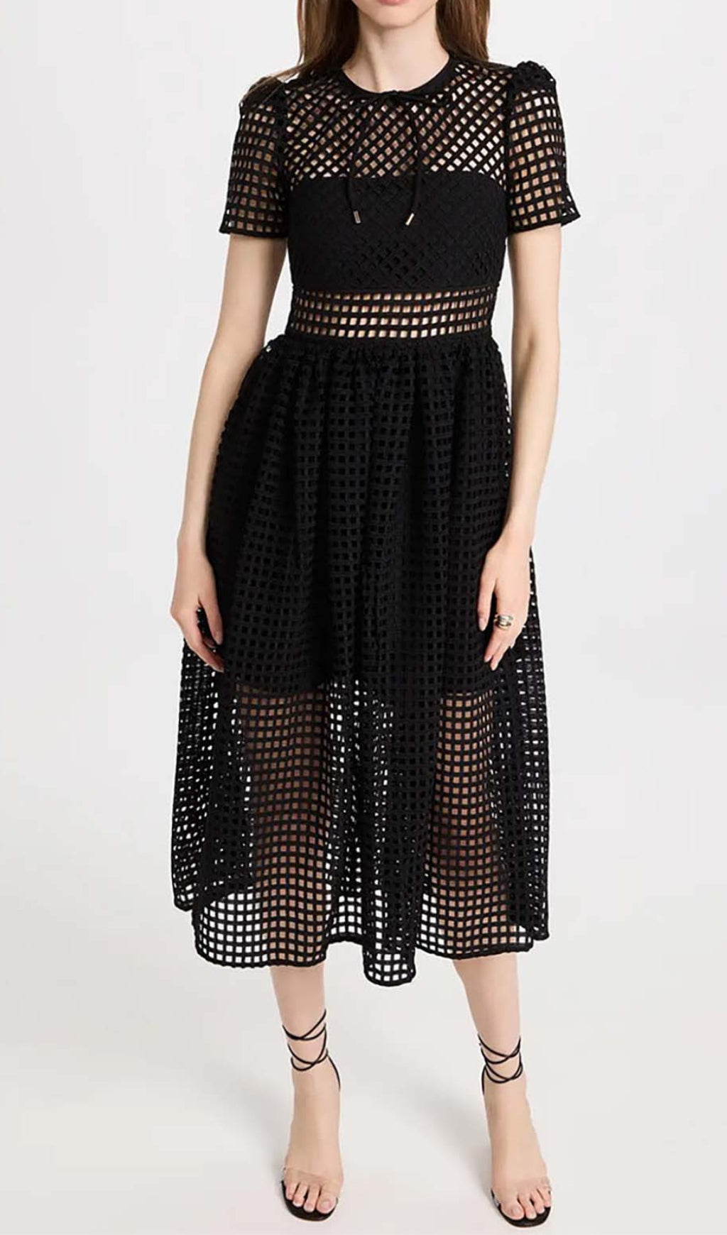 PUFFED SLEEVE LACE MIDI DRESS BLACK WEDDING GUEST