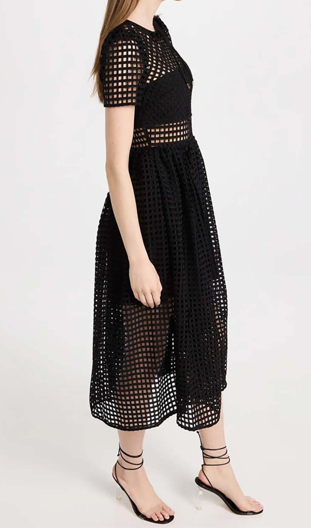 PUFFED SLEEVE LACE MIDI DRESS BLACK WEDDING GUEST
