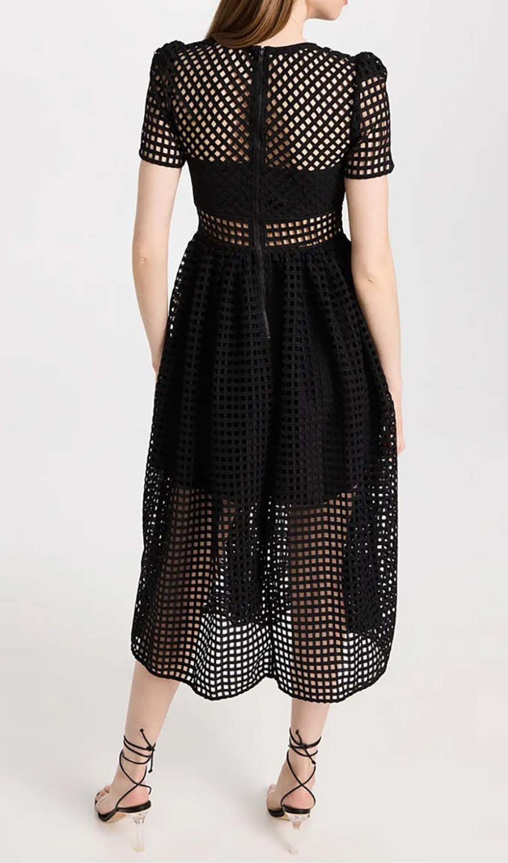 PUFFED SLEEVE LACE MIDI DRESS BLACK WEDDING GUEST